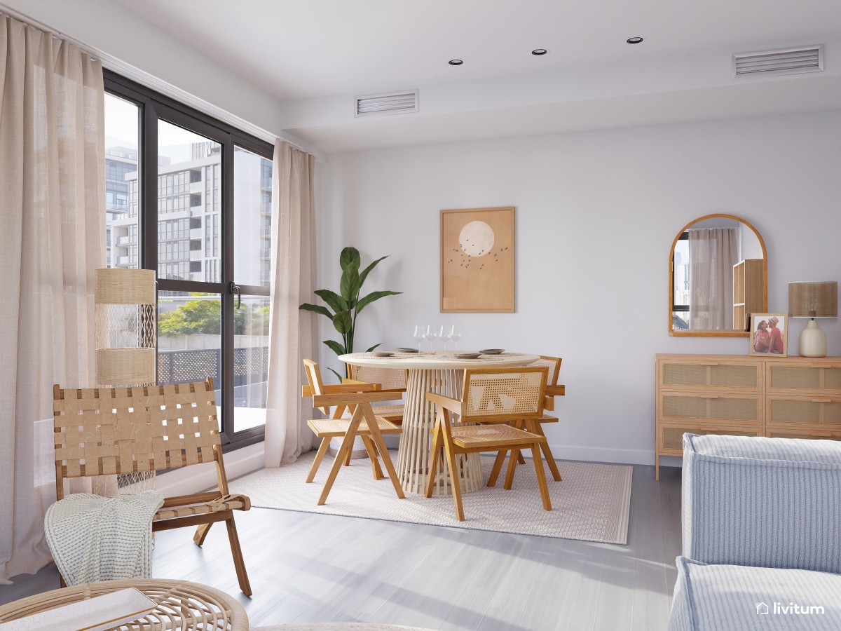 Salón comedor rústico y boho en madera, fibras naturales y gris