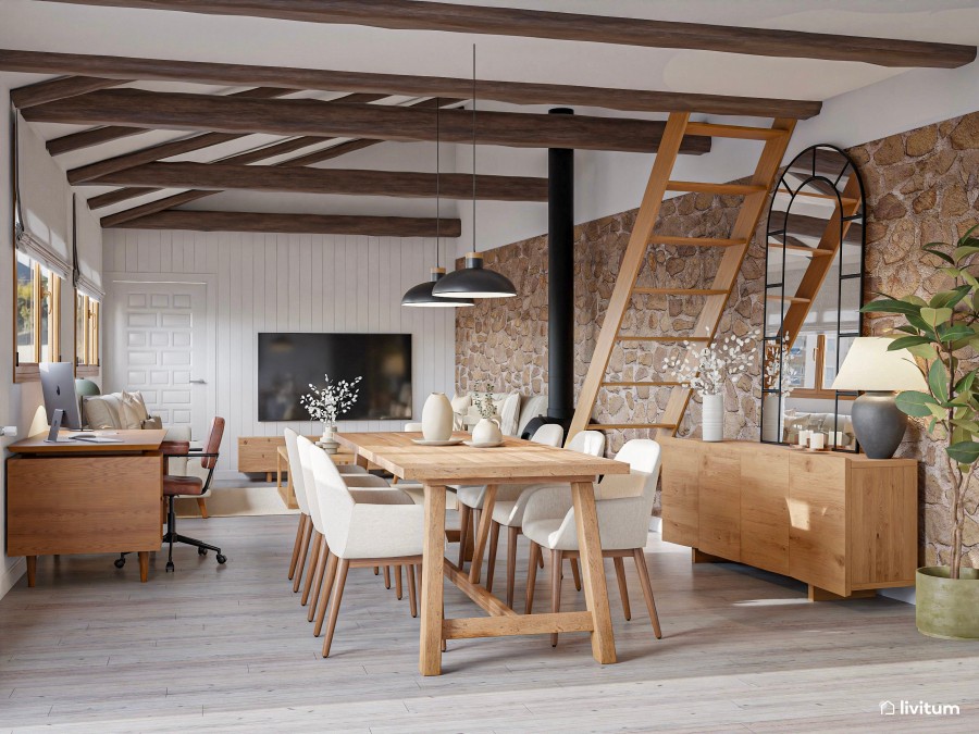 Salón comedor rústico y nórdico con zona de trabajo - Livitum.com