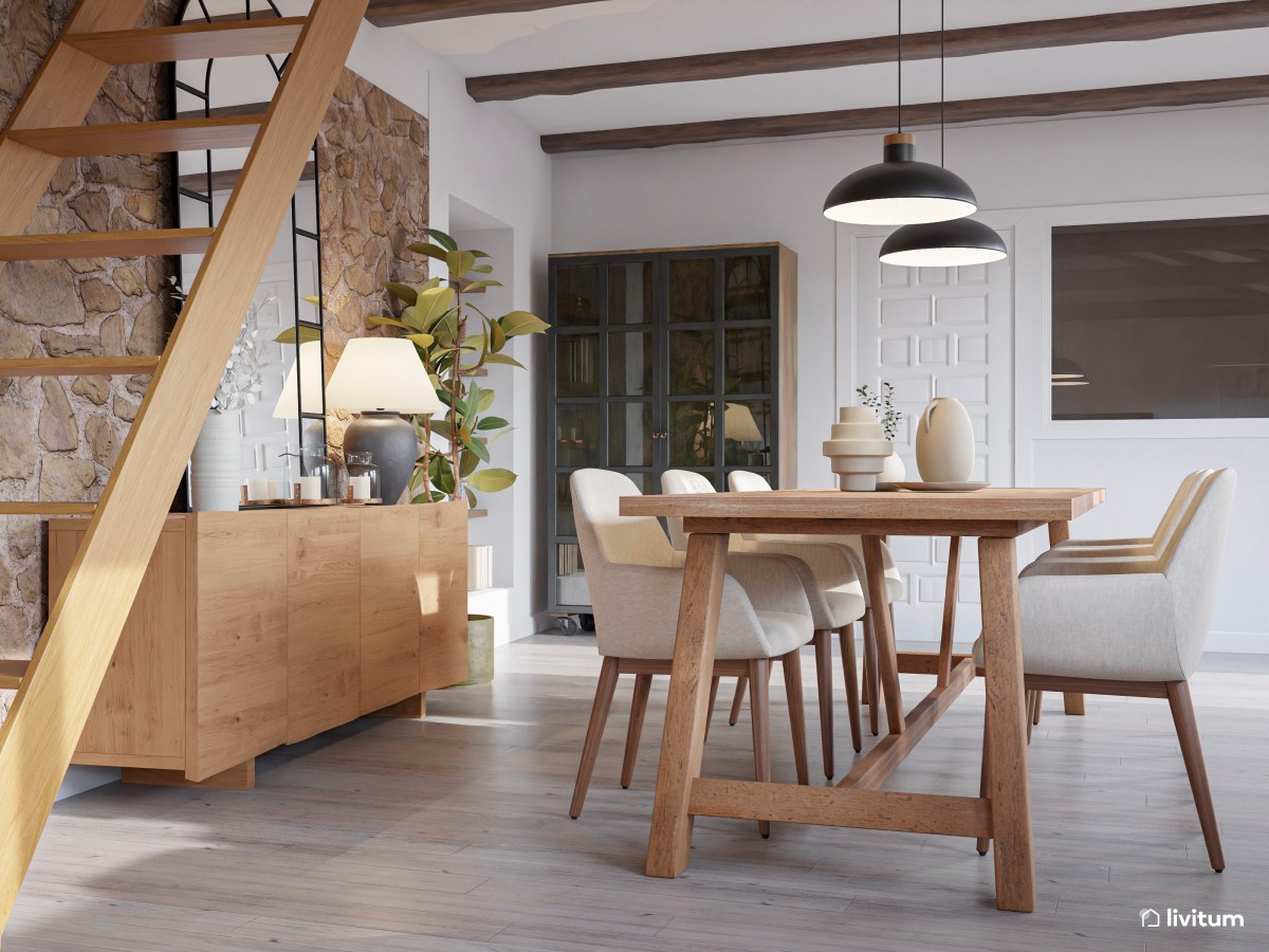 Salón comedor rústico y nórdico con zona de trabajo - Livitum.com