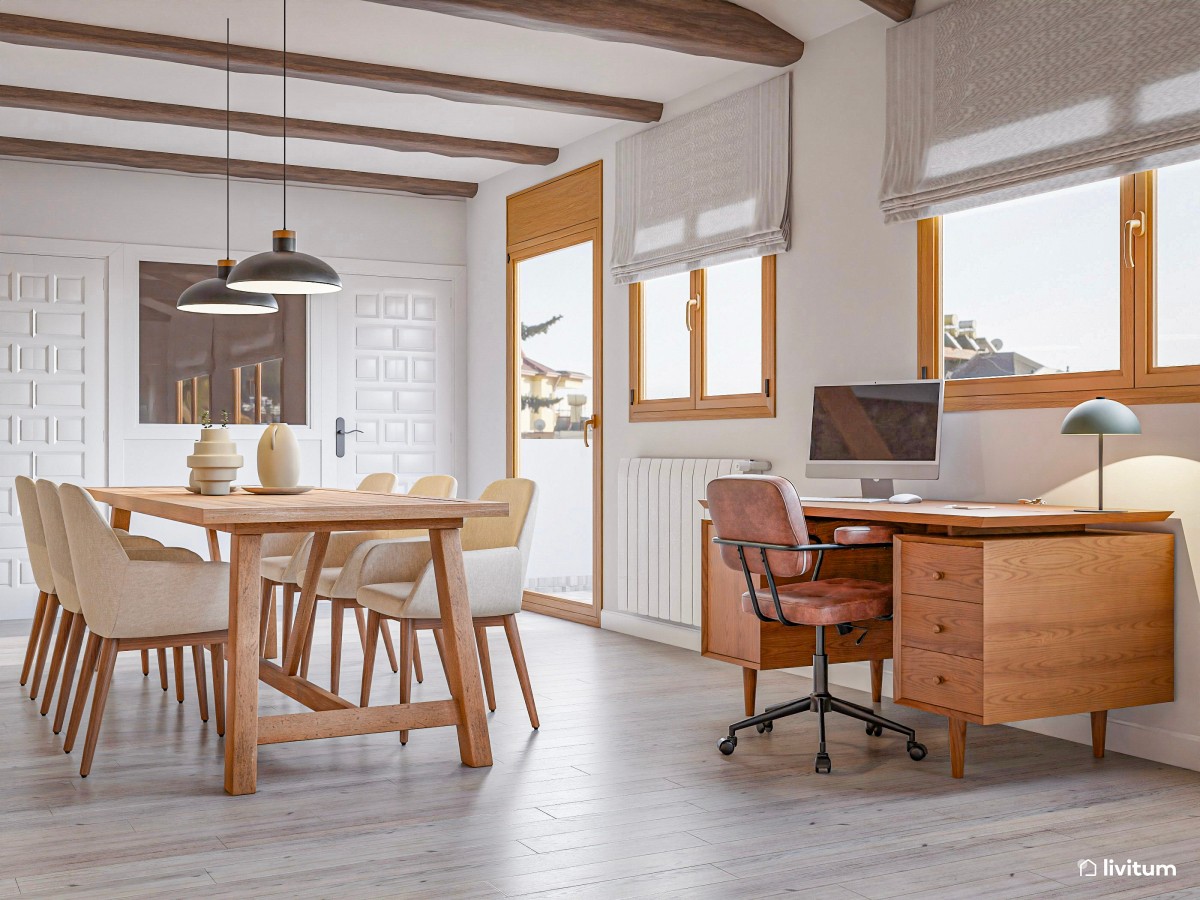 Salón comedor rústico y nórdico con zona de trabajo - Livitum.com