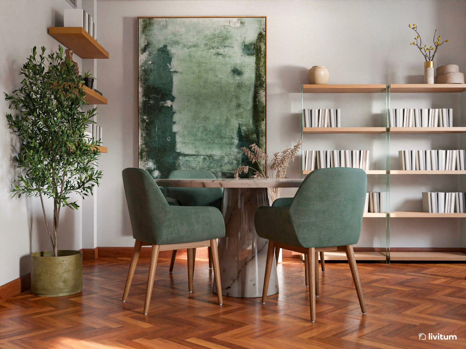 Salón comedor sofisticado con el verde como protagonista