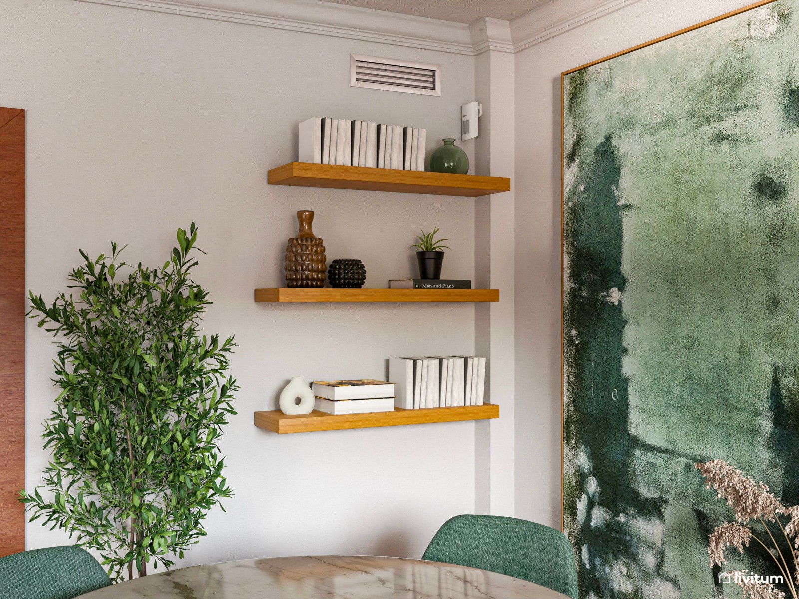 Salón comedor sofisticado con el verde como protagonista