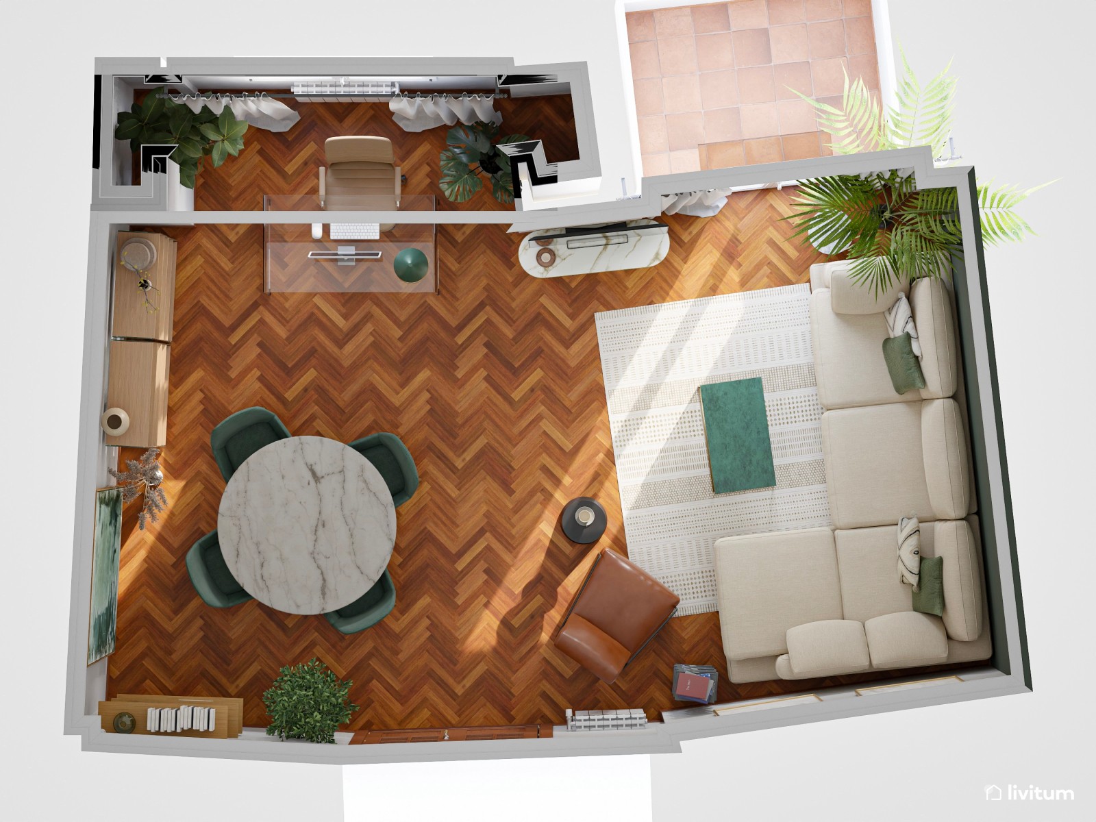 Salón comedor sofisticado con el verde como protagonista