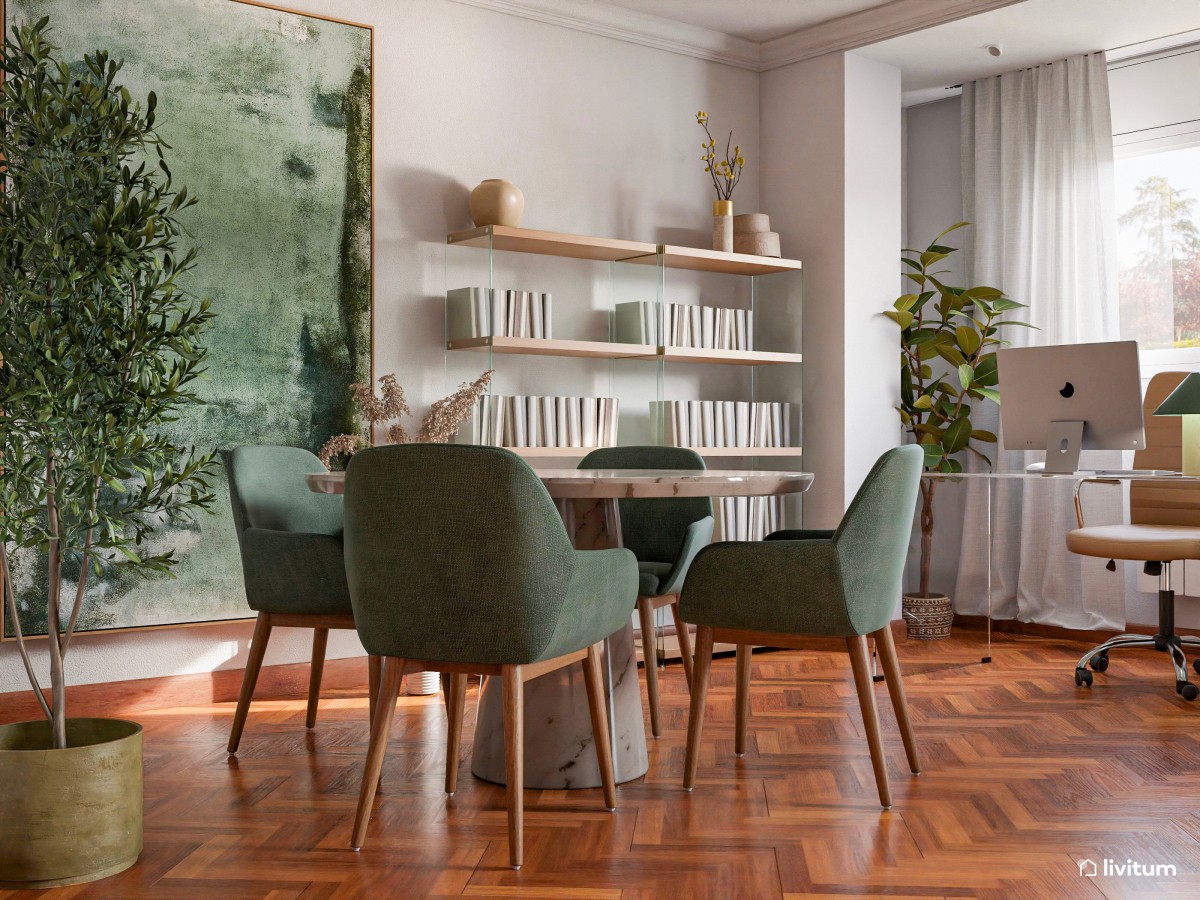 Salón comedor sofisticado con el verde como protagonista