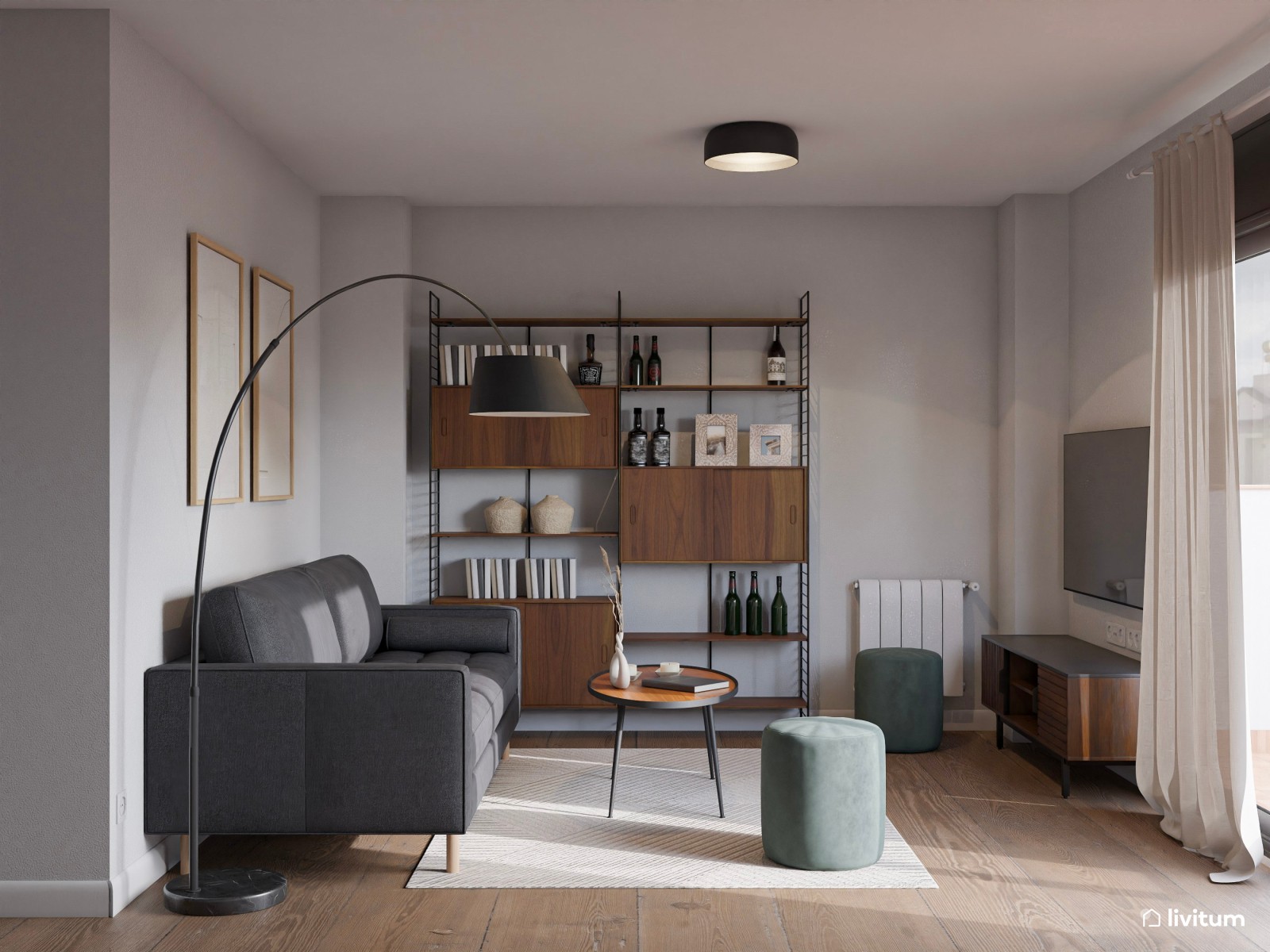 Salón comedor sofisticado y decorado con acentos en verde y gris
