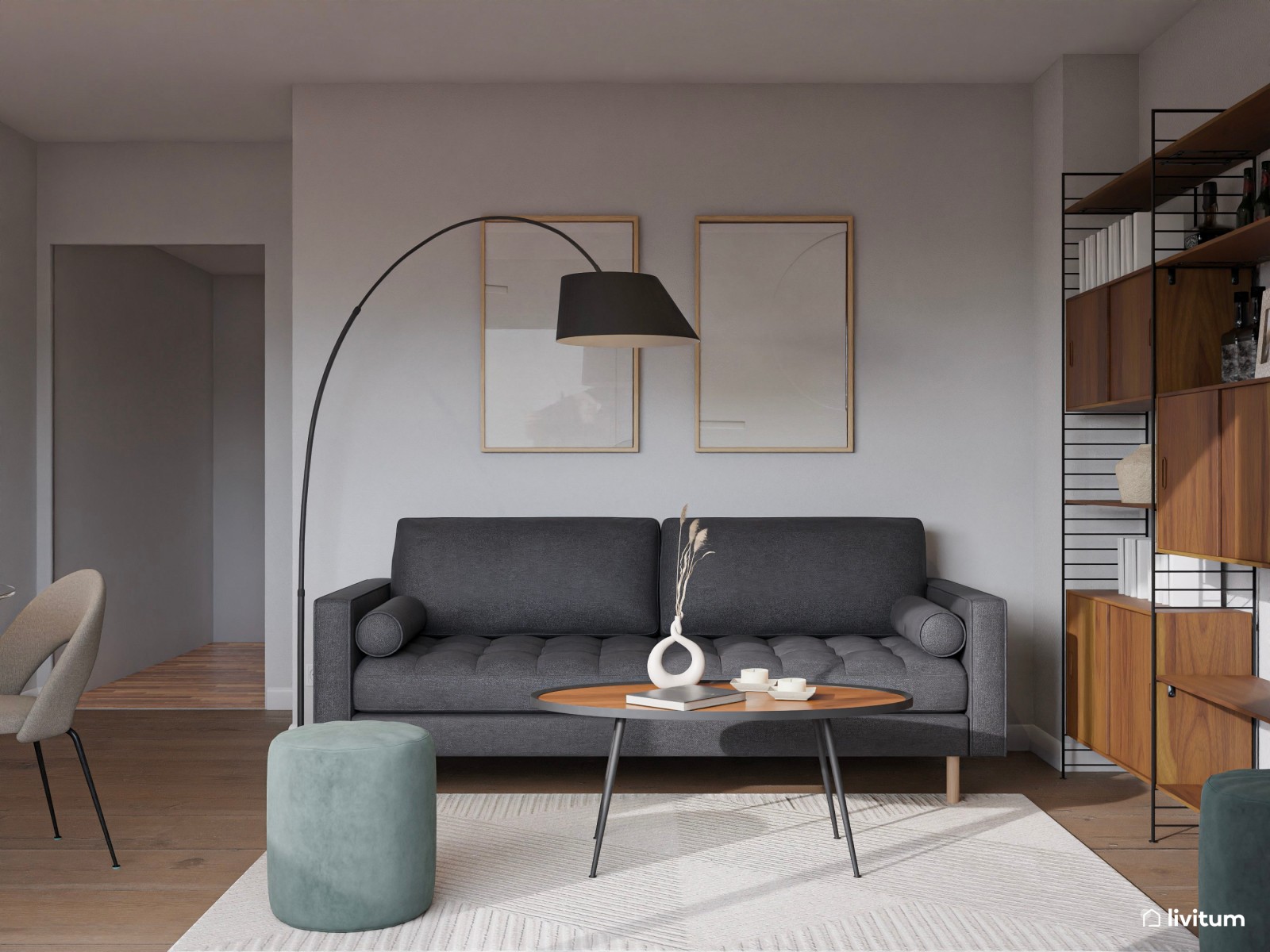 Salón comedor sofisticado y decorado con acentos en verde y gris
