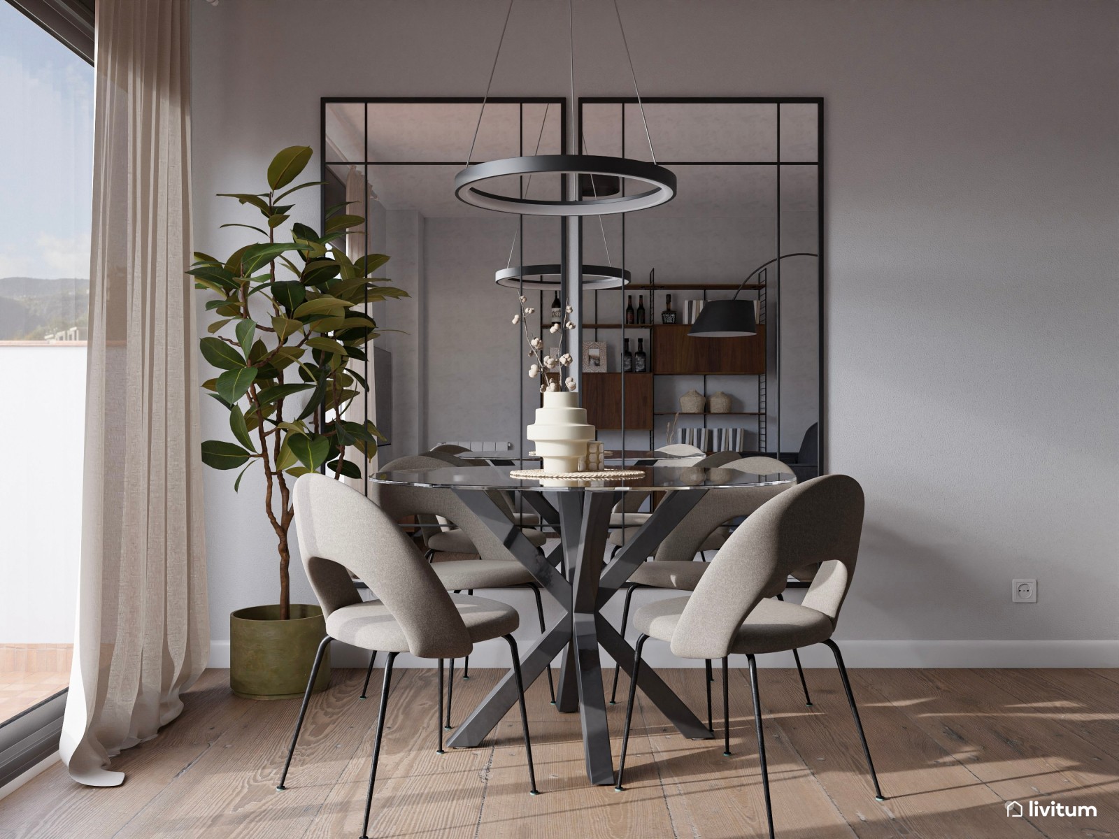 Salón comedor sofisticado y decorado con acentos en verde y gris