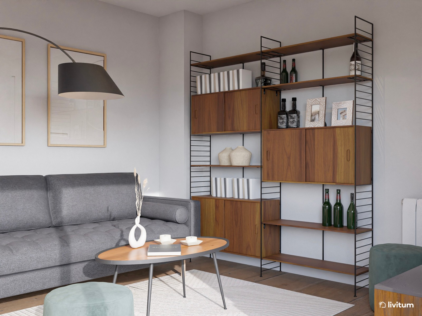 Salón comedor sofisticado y decorado con acentos en verde y gris