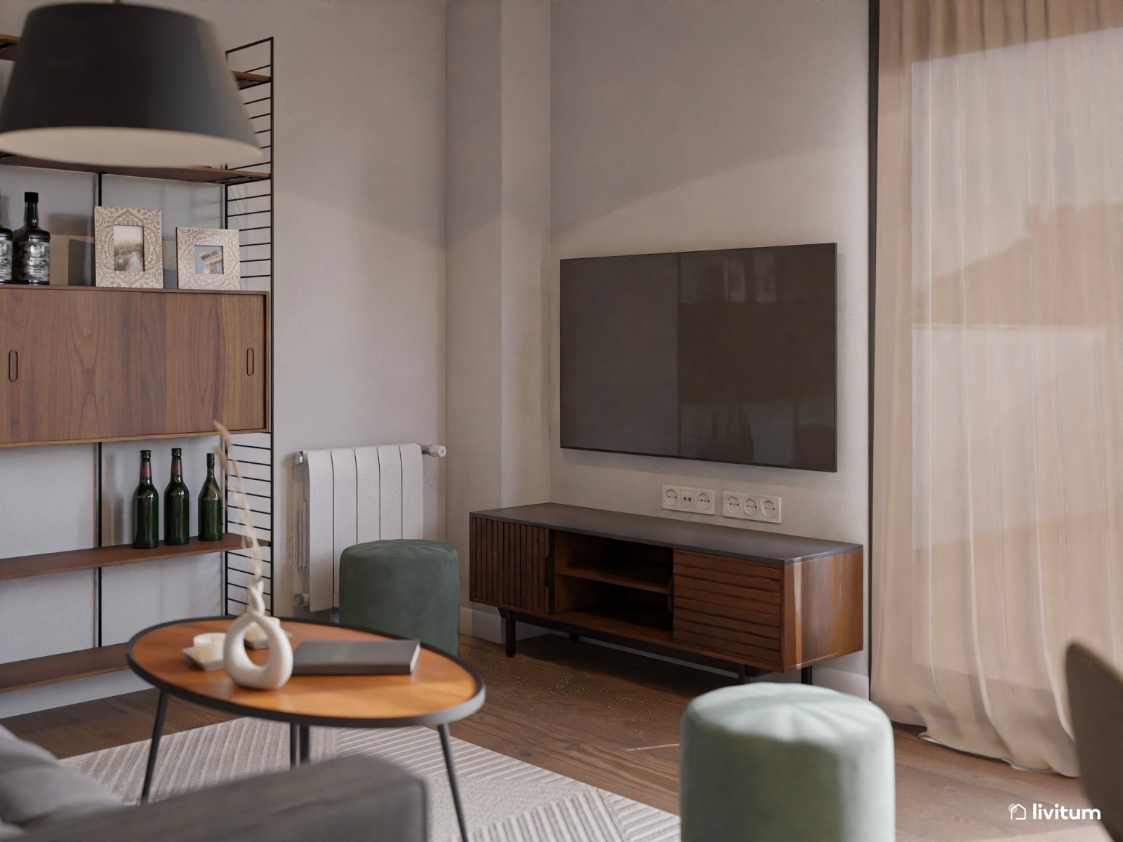 Salón comedor sofisticado y decorado con acentos en verde y gris