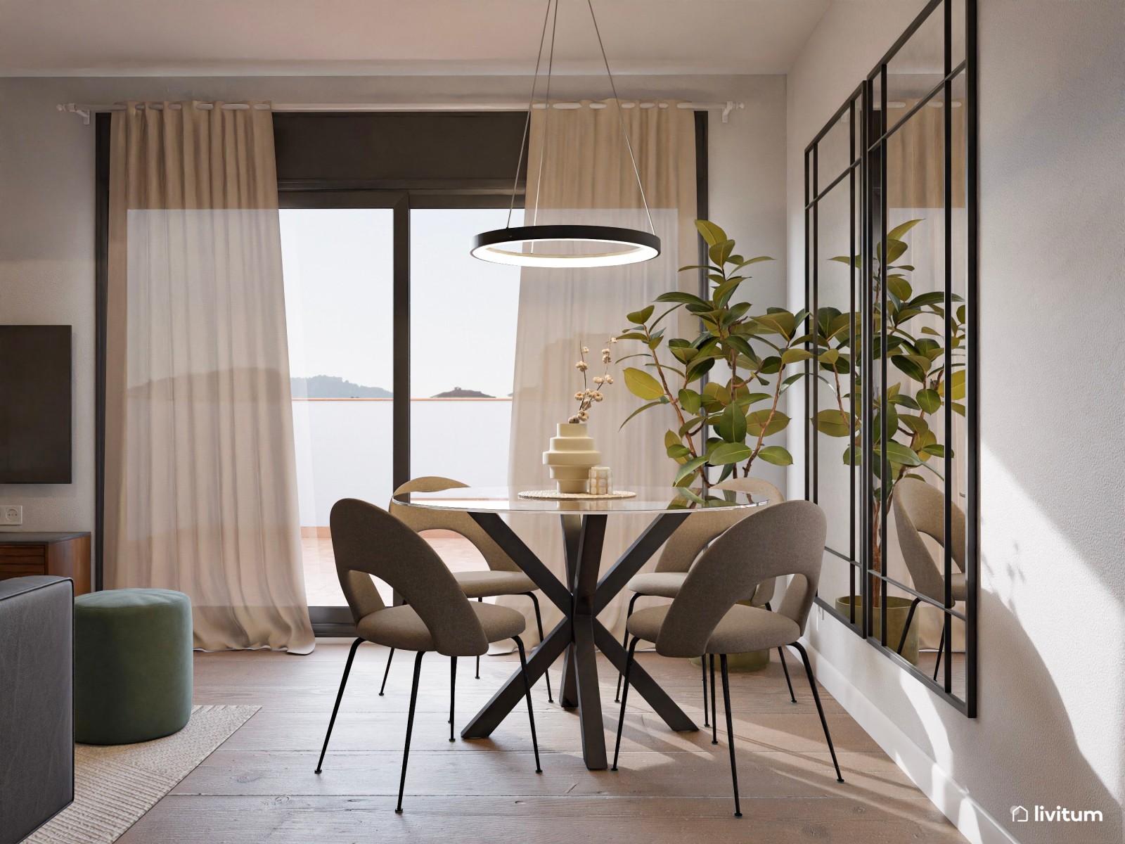 Salón comedor sofisticado y decorado con acentos en verde y gris