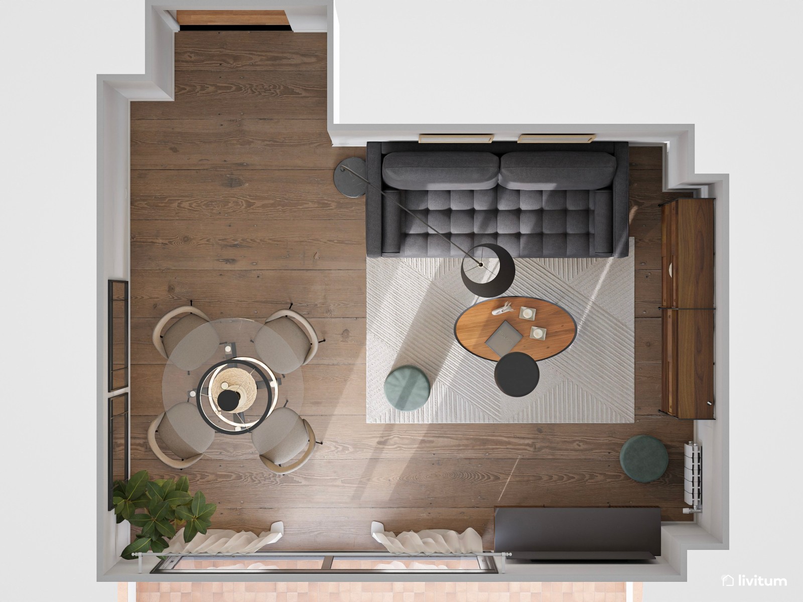 Salón comedor sofisticado y decorado con acentos en verde y gris