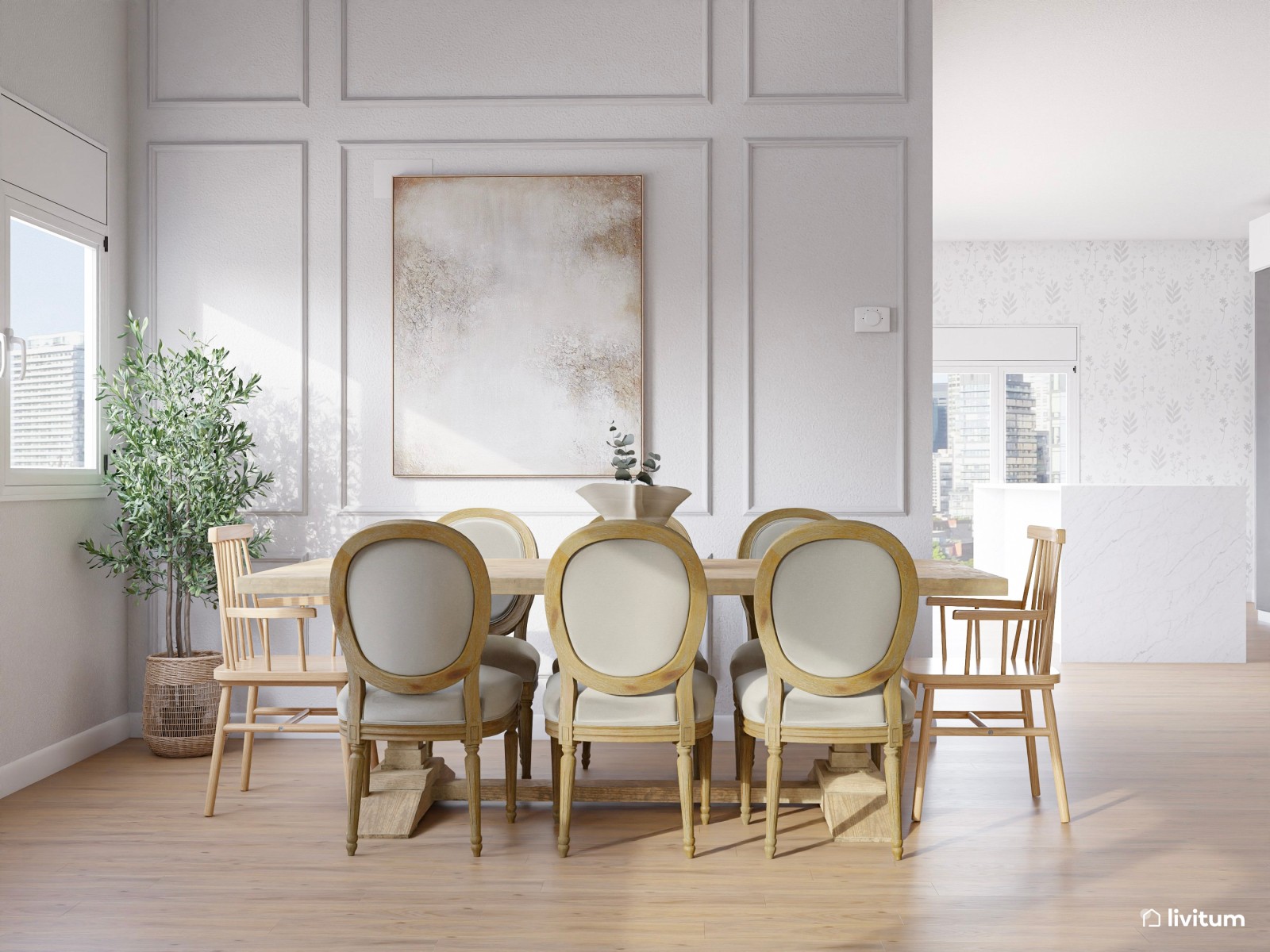 Salón comedor Total White con detalles dorados y elementos vintage 