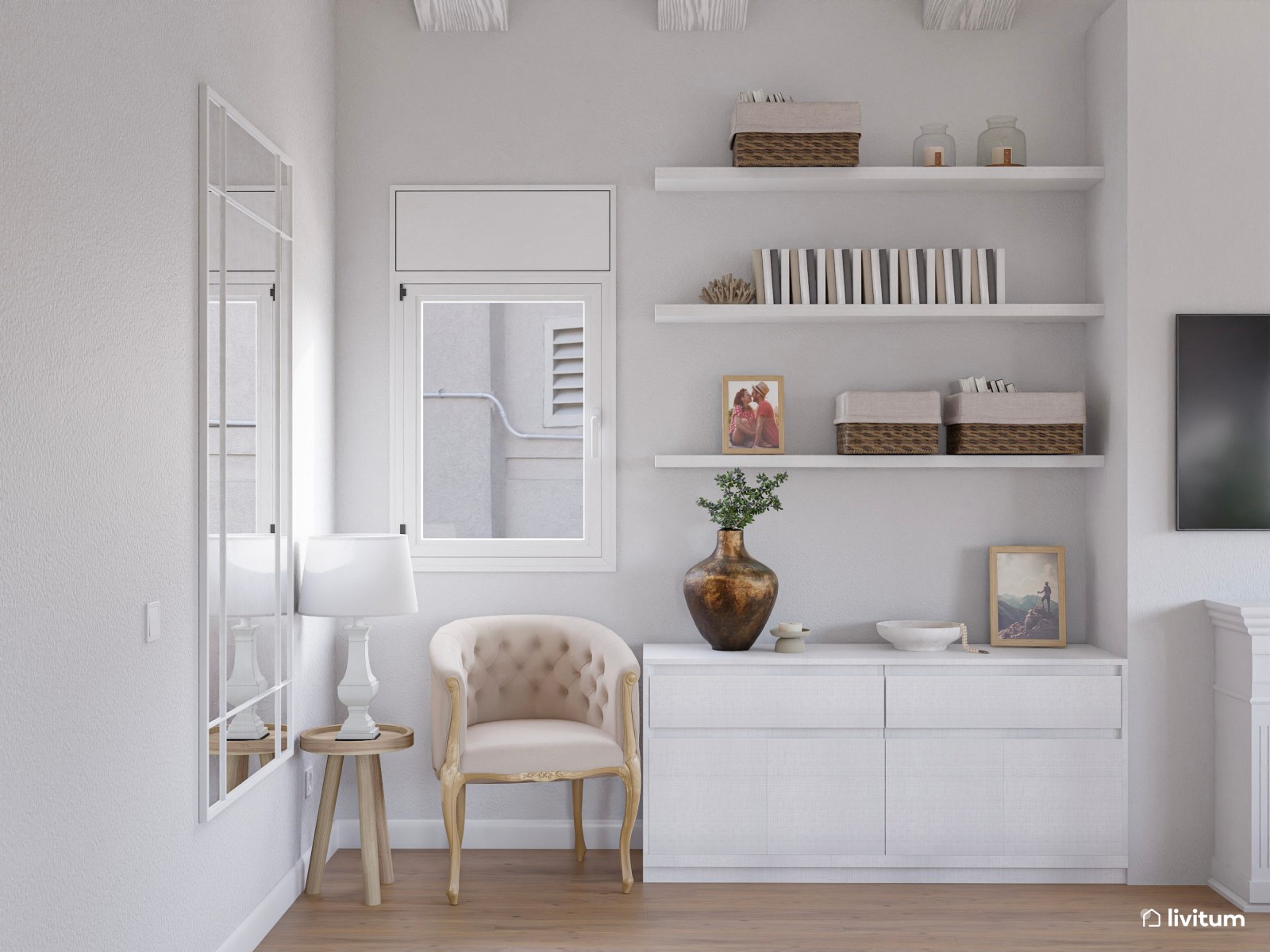 Salón comedor Total White con detalles dorados y elementos vintage 