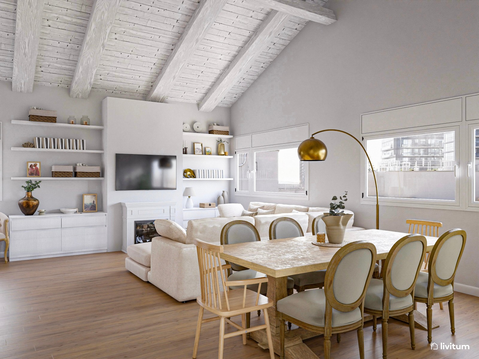 Salón comedor Total White con detalles dorados y elementos vintage 
