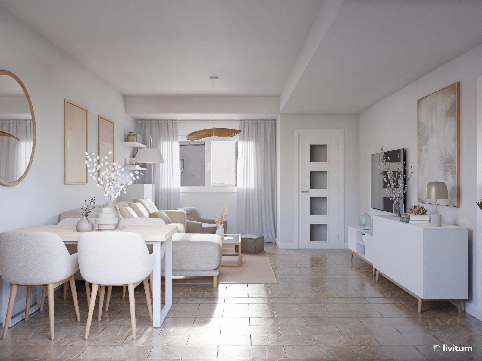 Salón comedor Total White con matices en beige