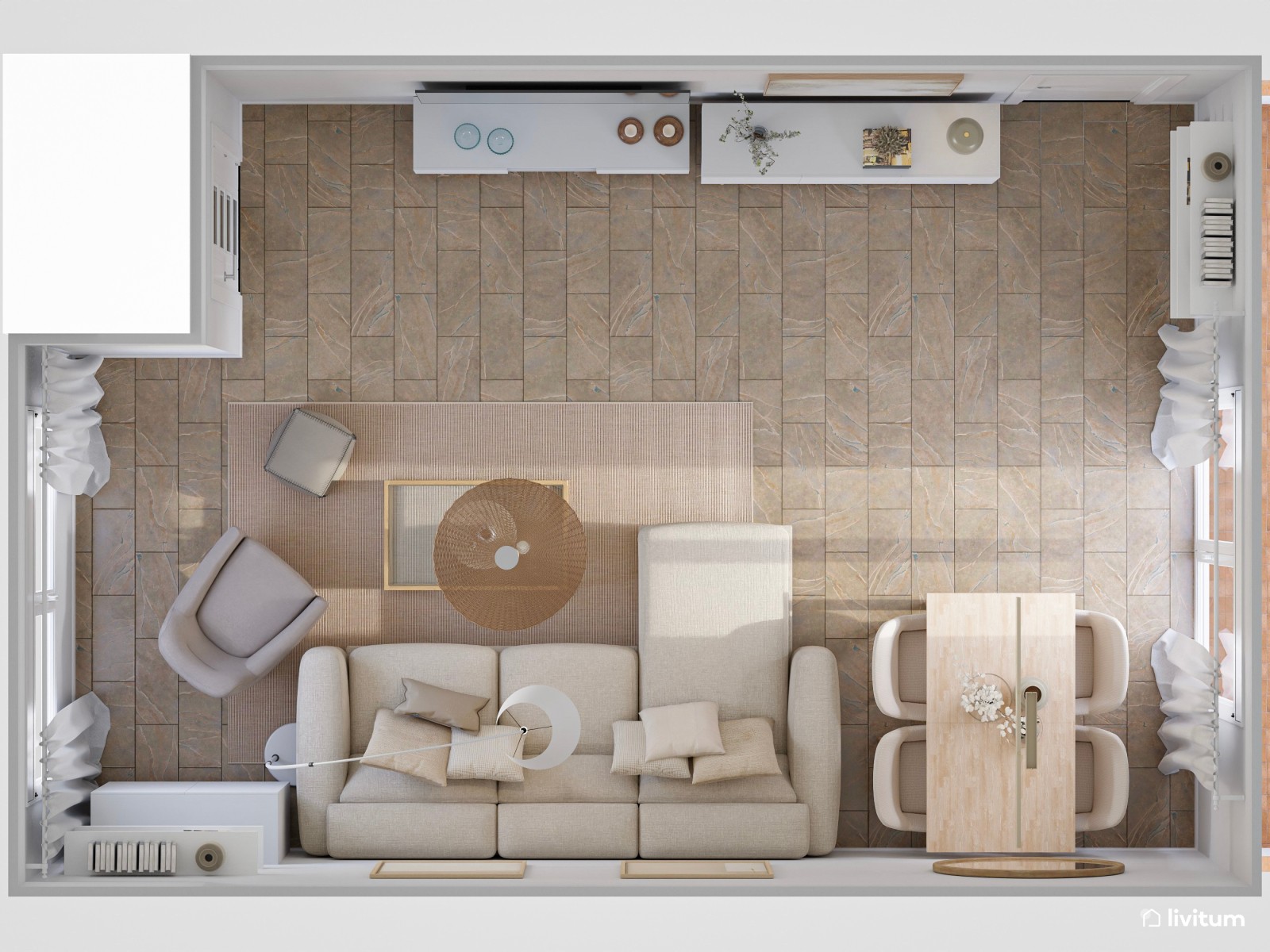 Salón comedor Total White con matices en beige