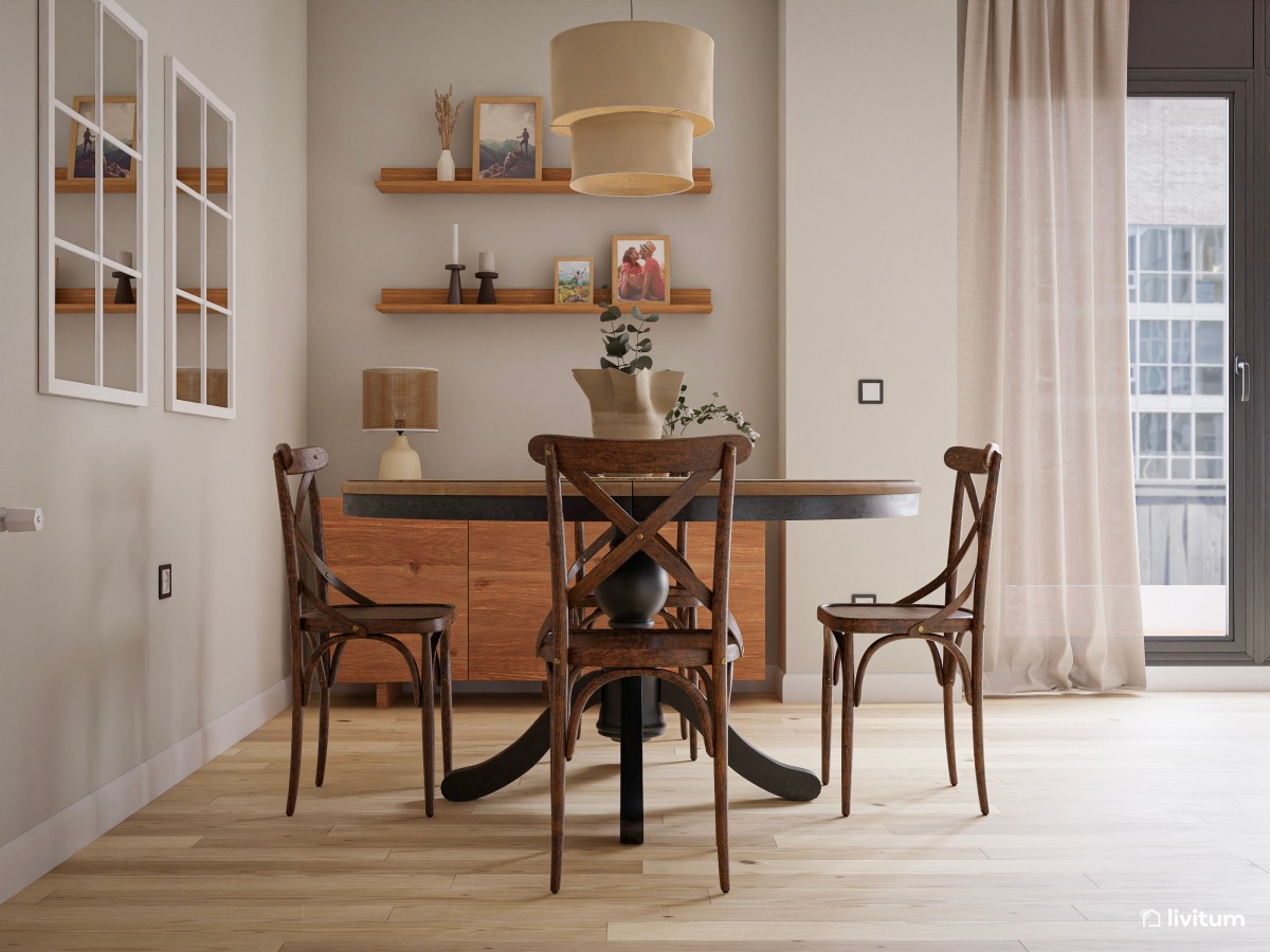 Salón comedor vintage alargado y decorado en madera