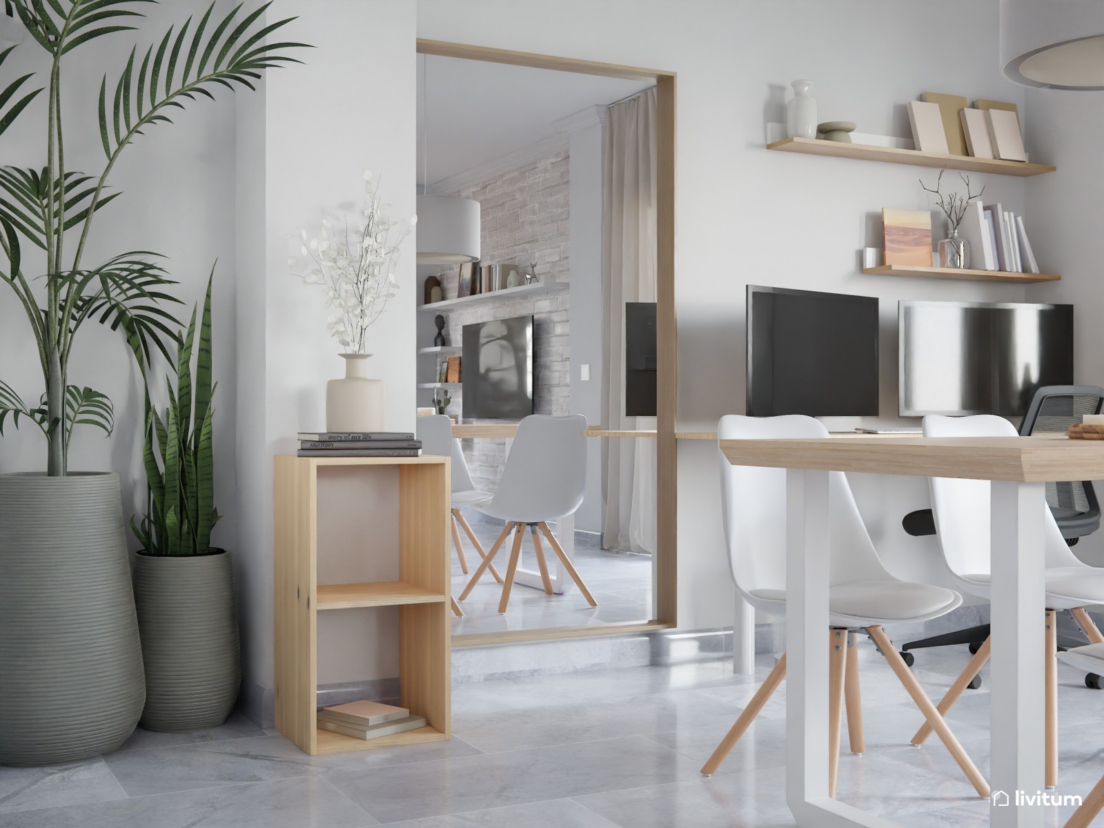 Salón, comedor y estudio de estilo nórdico y moderno 