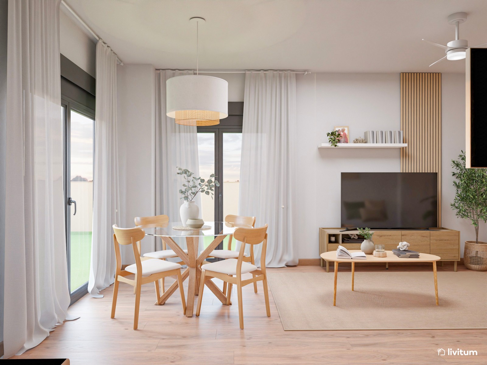 Salón comedor y recibidor de estilo nórdico en un mismo espacio
