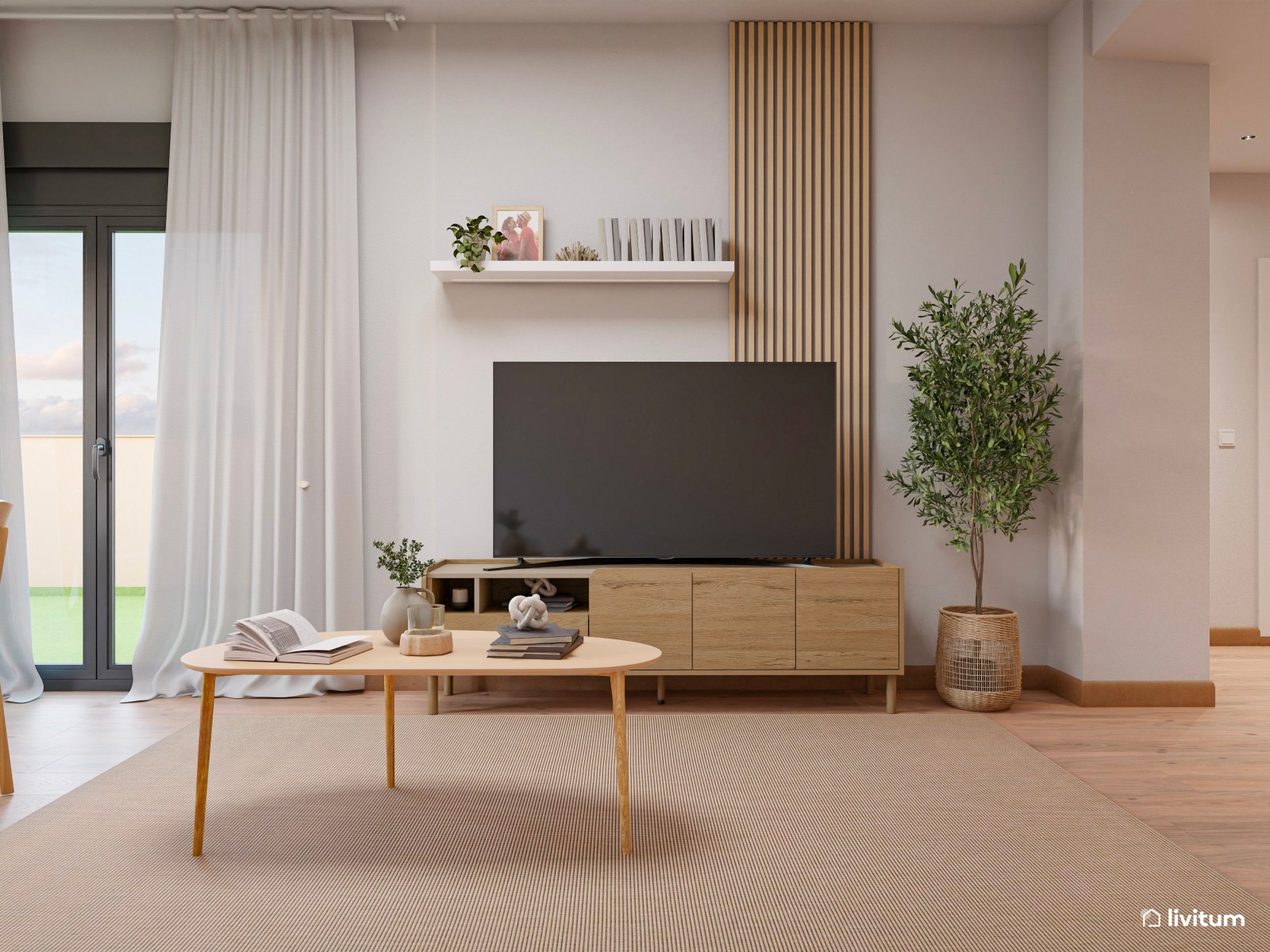 Salón comedor y recibidor de estilo nórdico en un mismo espacio