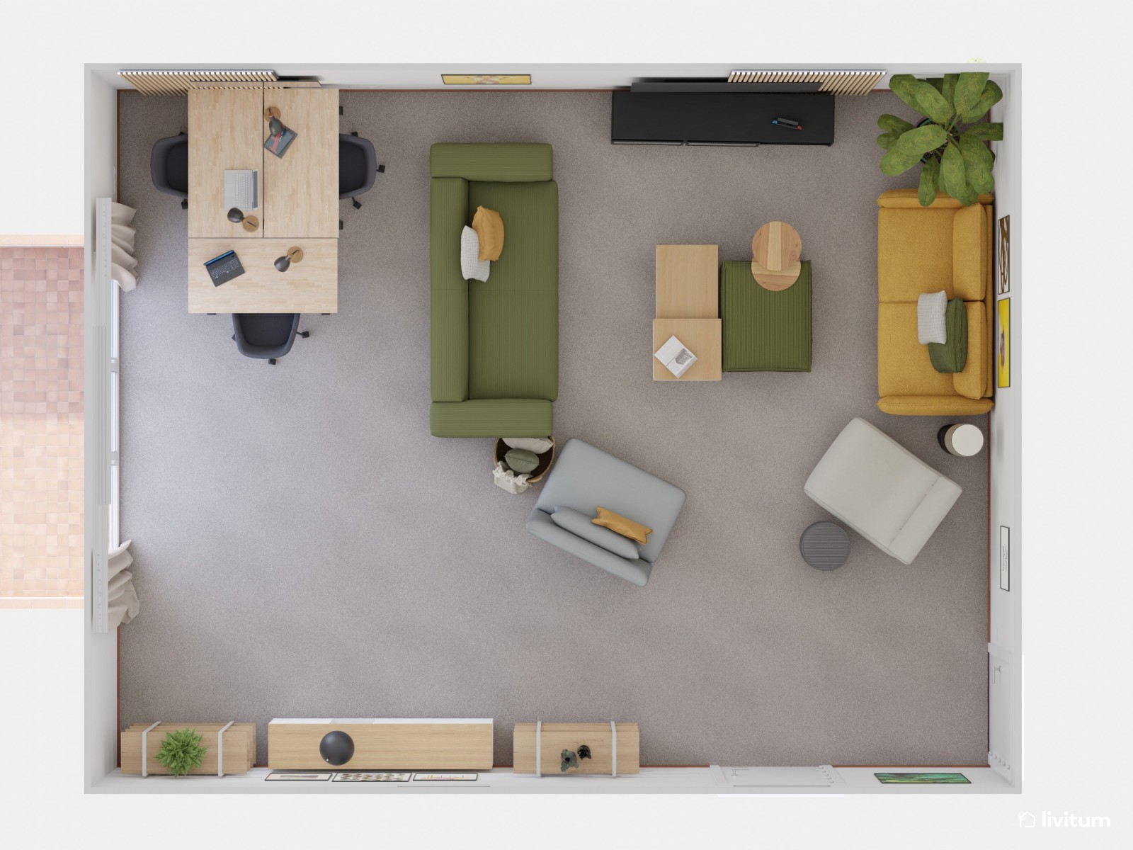 Salón con amplia zona de despacho en llamativos tonos verde y amarillo