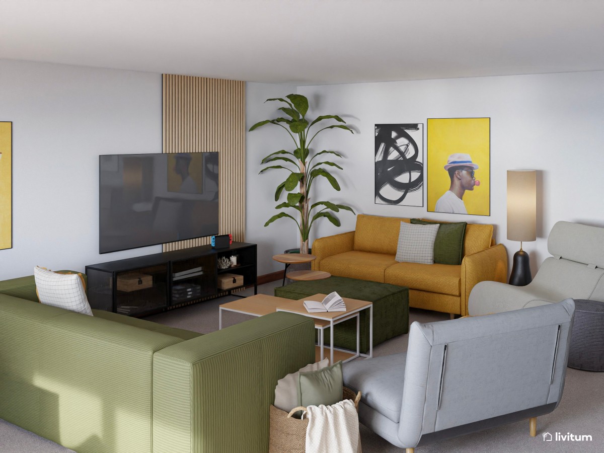 Salón con amplia zona de despacho en llamativos tonos verde y amarillo