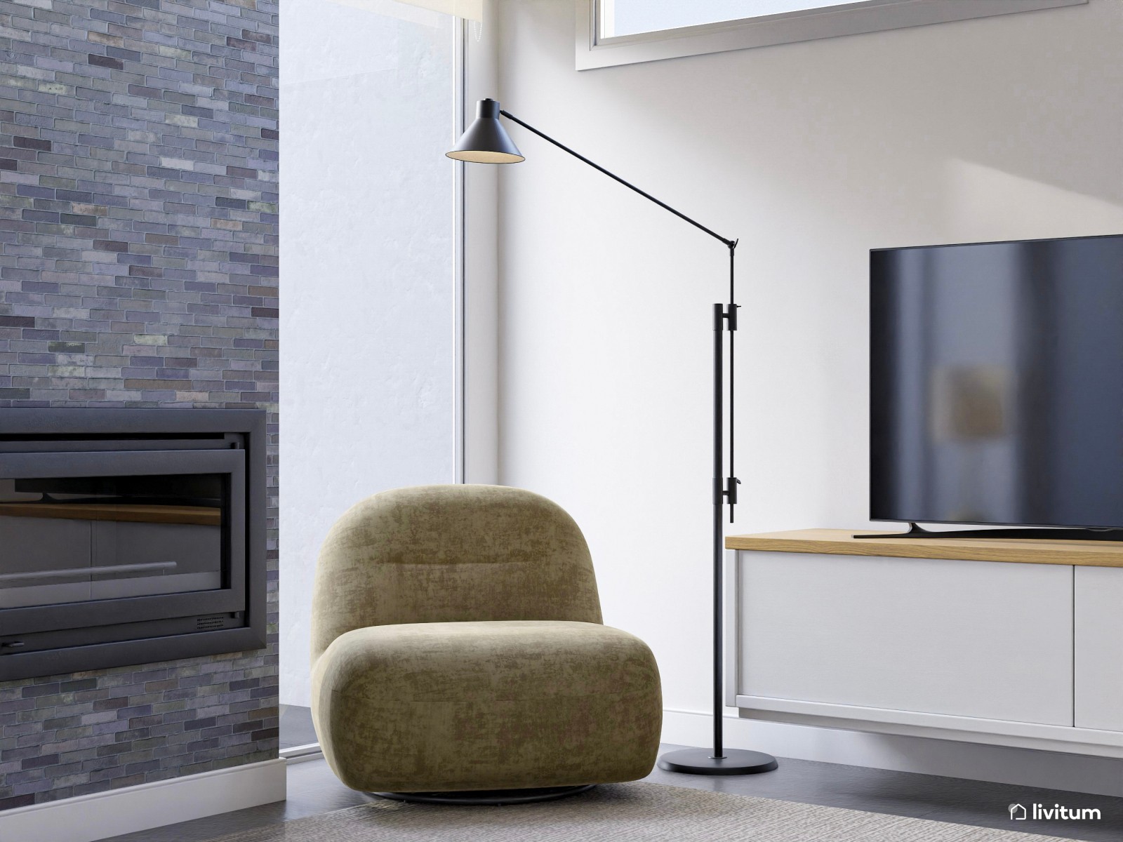 Salón con chimenea y cocina abierta en tonos suaves