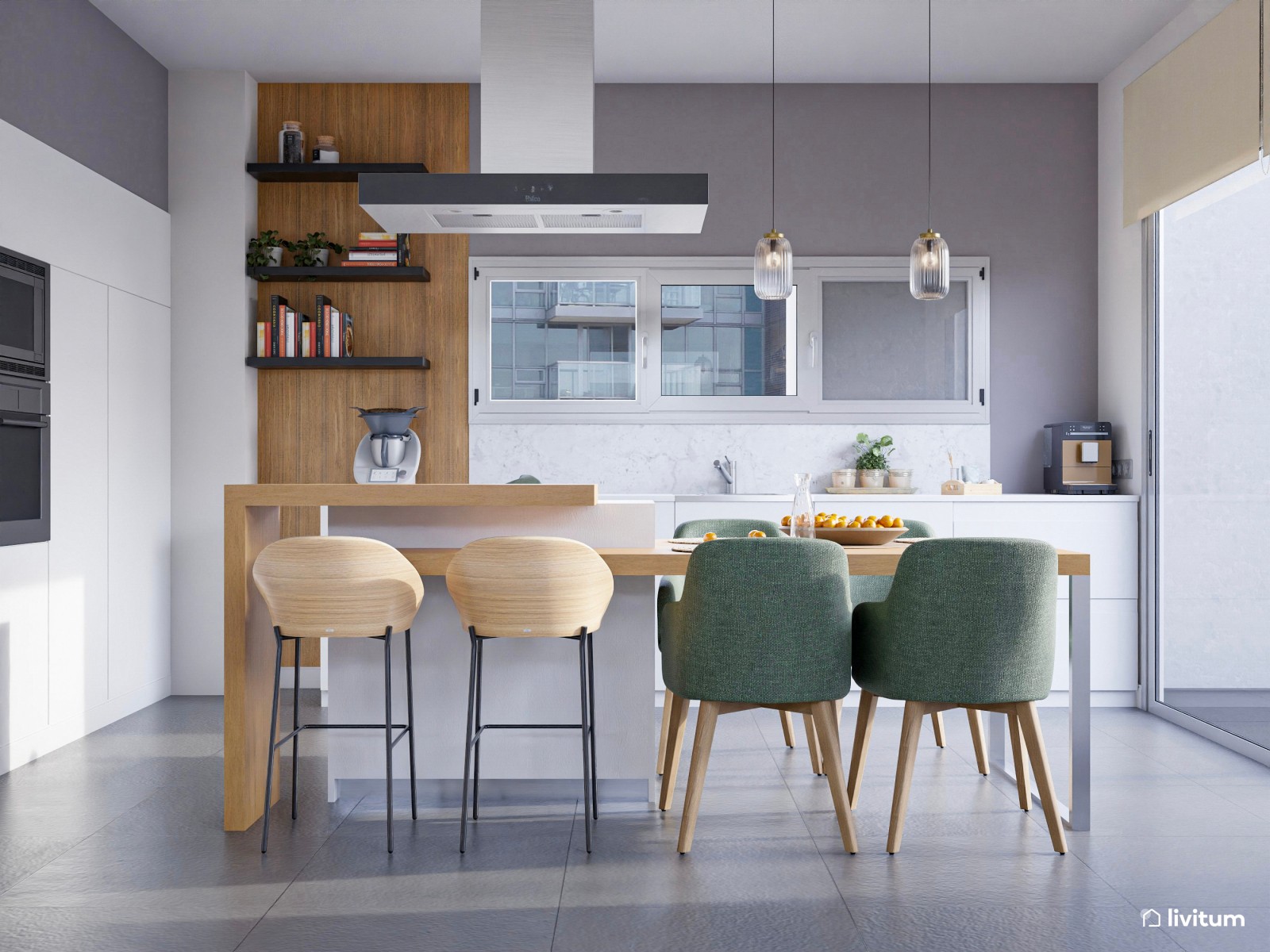 Salón con chimenea y cocina abierta en tonos suaves