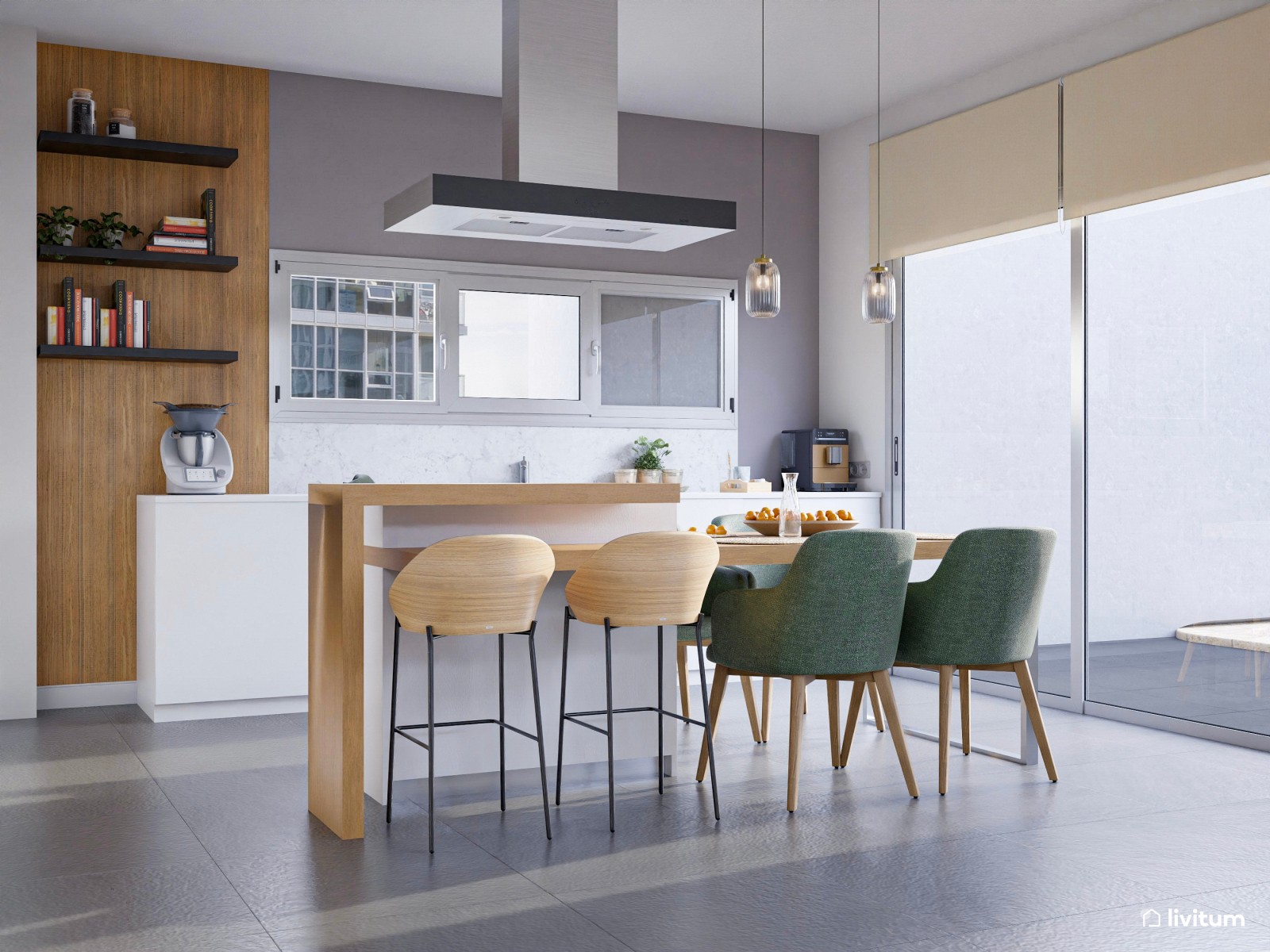 Salón con chimenea y cocina abierta en tonos suaves