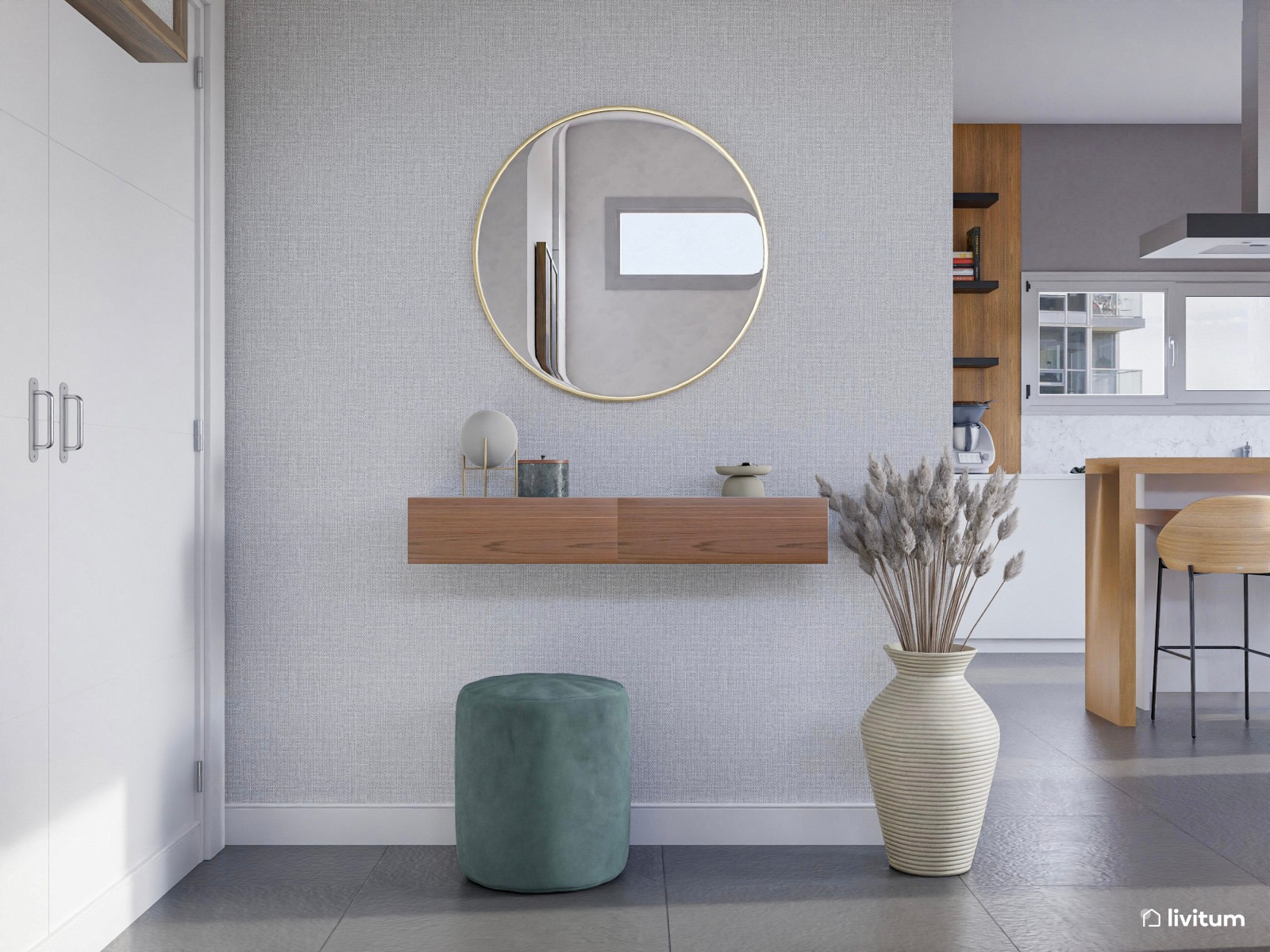 Salón con chimenea y cocina abierta en tonos suaves