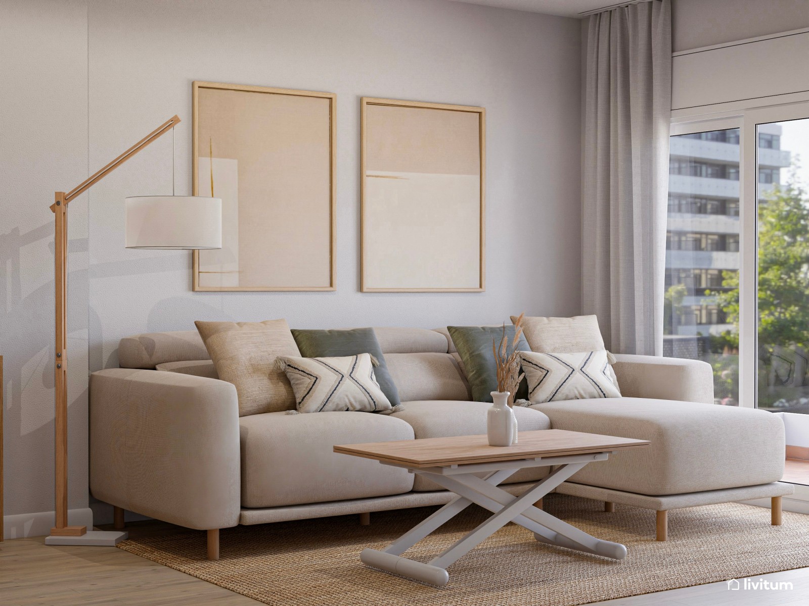 Salón con cocina abierta de estilo nórdico en blanco y madera