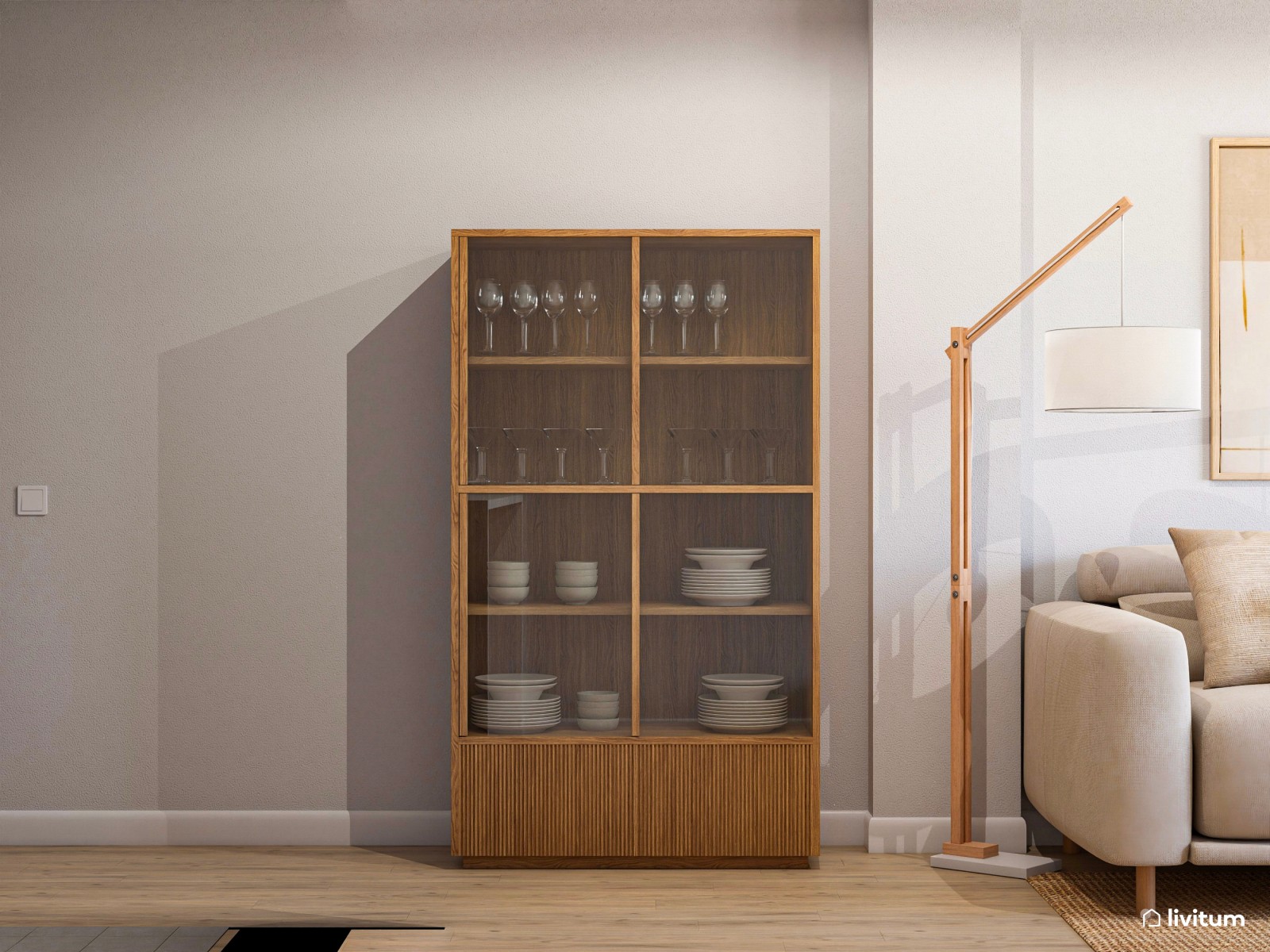 Salón con cocina abierta de estilo nórdico en blanco y madera