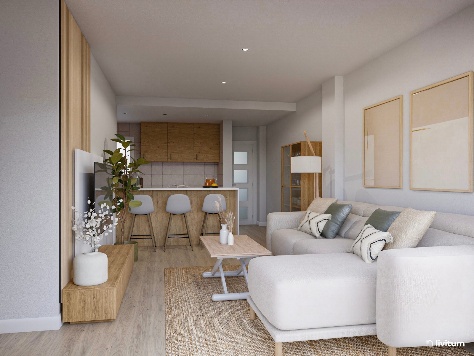 Salón con cocina abierta de estilo nórdico en blanco y madera