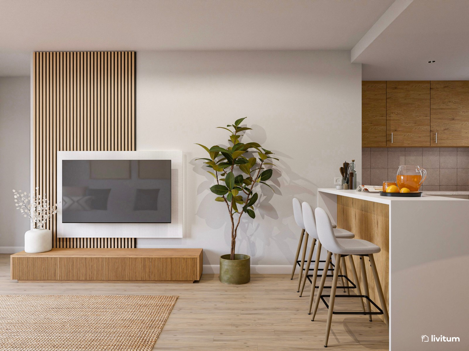 Salón con cocina abierta de estilo nórdico en blanco y madera