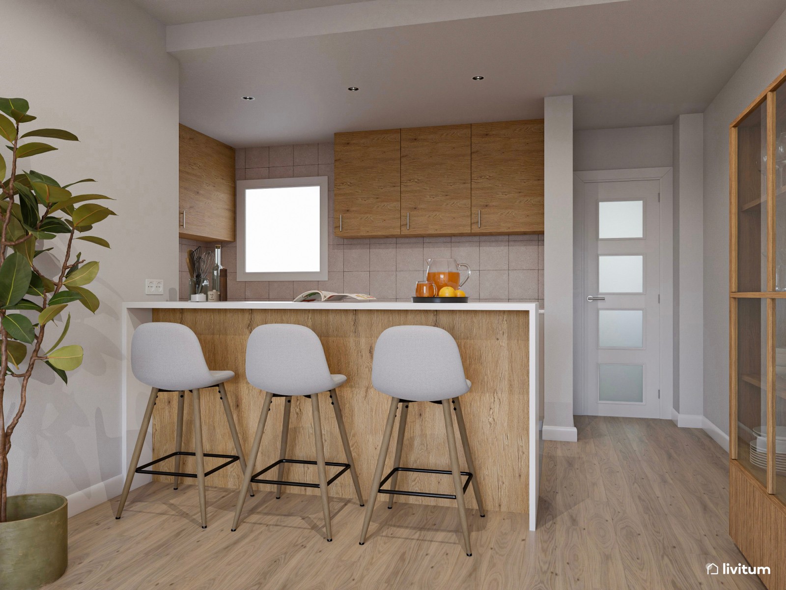 Salón con cocina abierta de estilo nórdico en blanco y madera