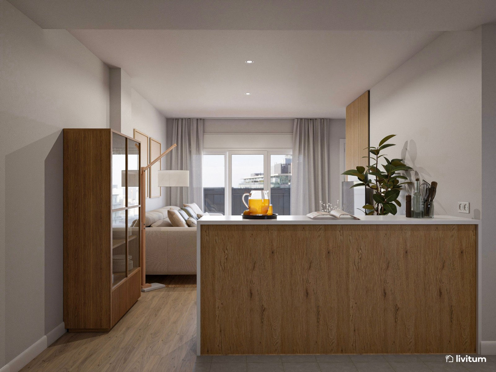 Salón con cocina abierta de estilo nórdico en blanco y madera