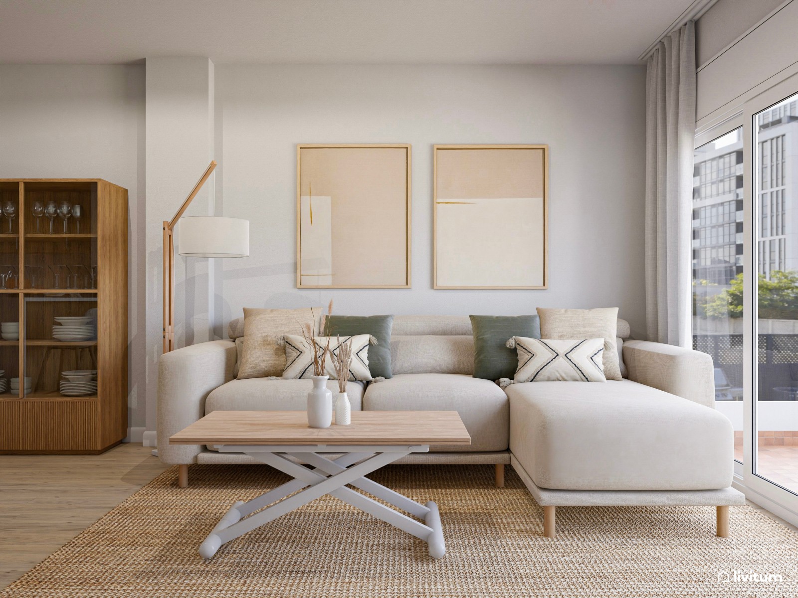 Salón con cocina abierta de estilo nórdico en blanco y madera
