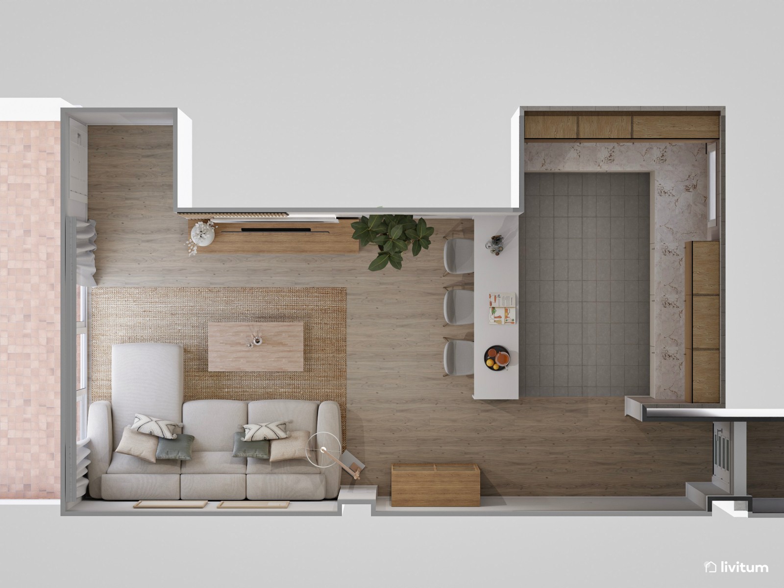 Salón con cocina abierta de estilo nórdico en blanco y madera