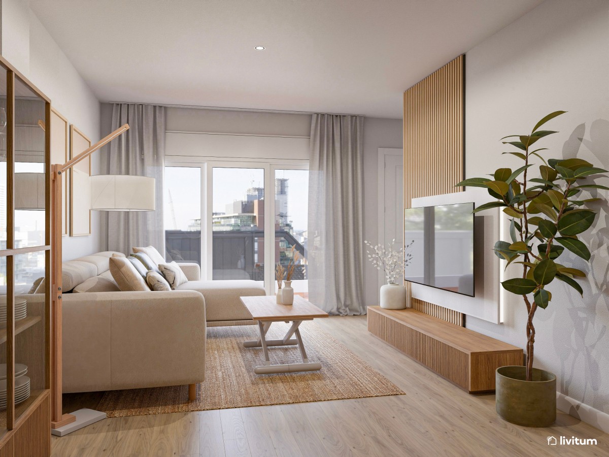 Salón con cocina abierta de estilo nórdico en blanco y madera