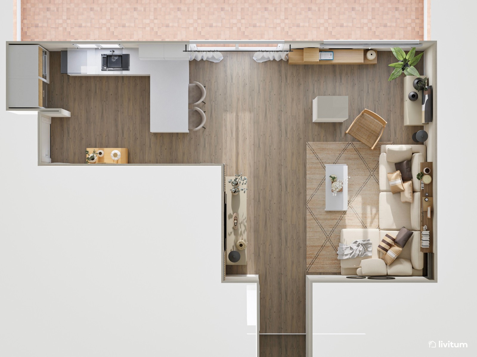 Salón con cocina abierta en tonos tierra y sofá rinconero