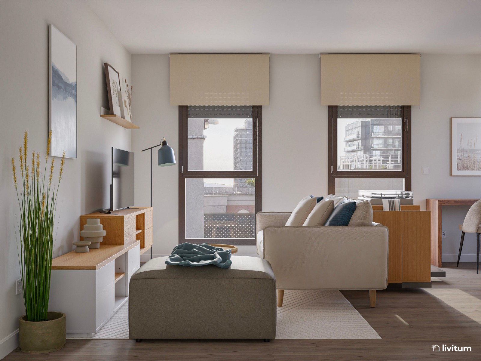 Salón con gran librería y zona de escritorio de estilo nórdico