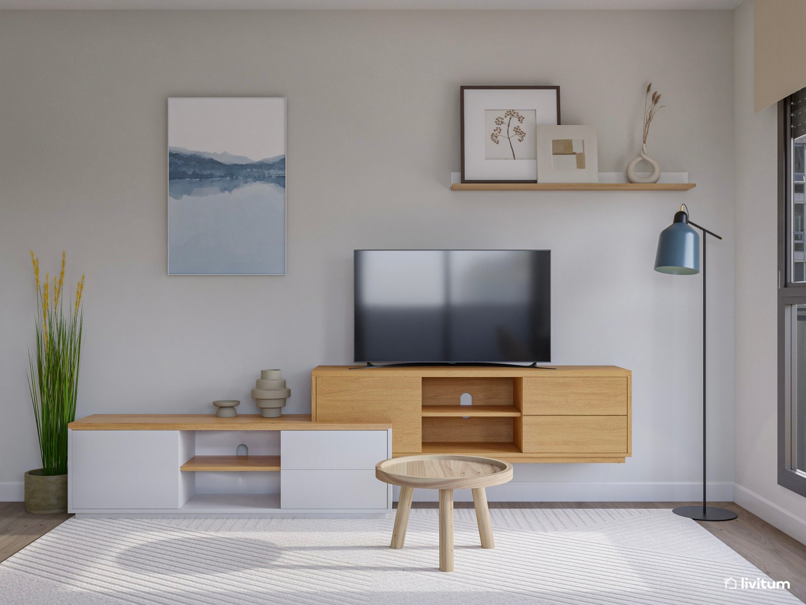 Salón con gran librería y zona de escritorio de estilo nórdico