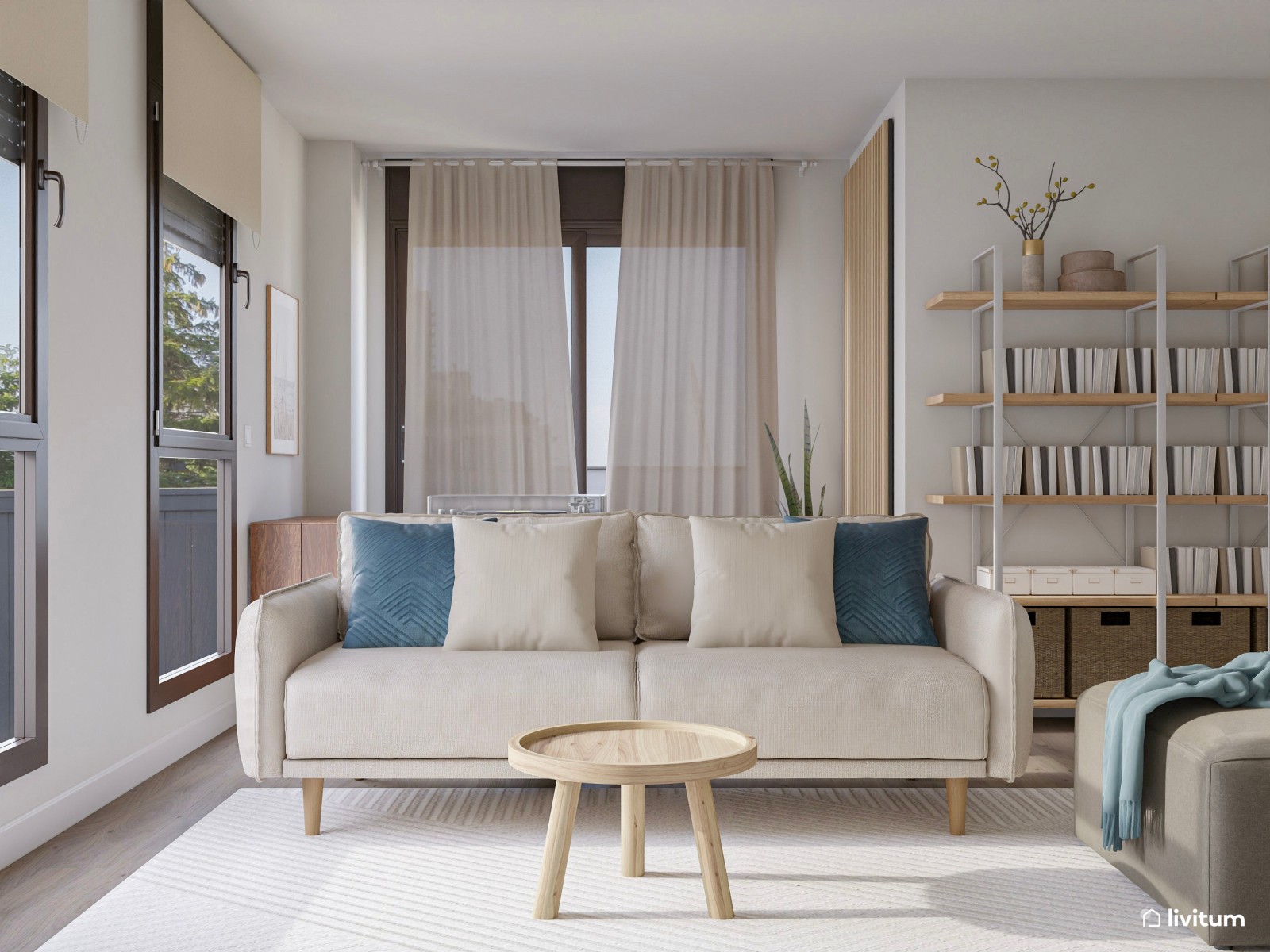 Salón con gran librería y zona de escritorio de estilo nórdico