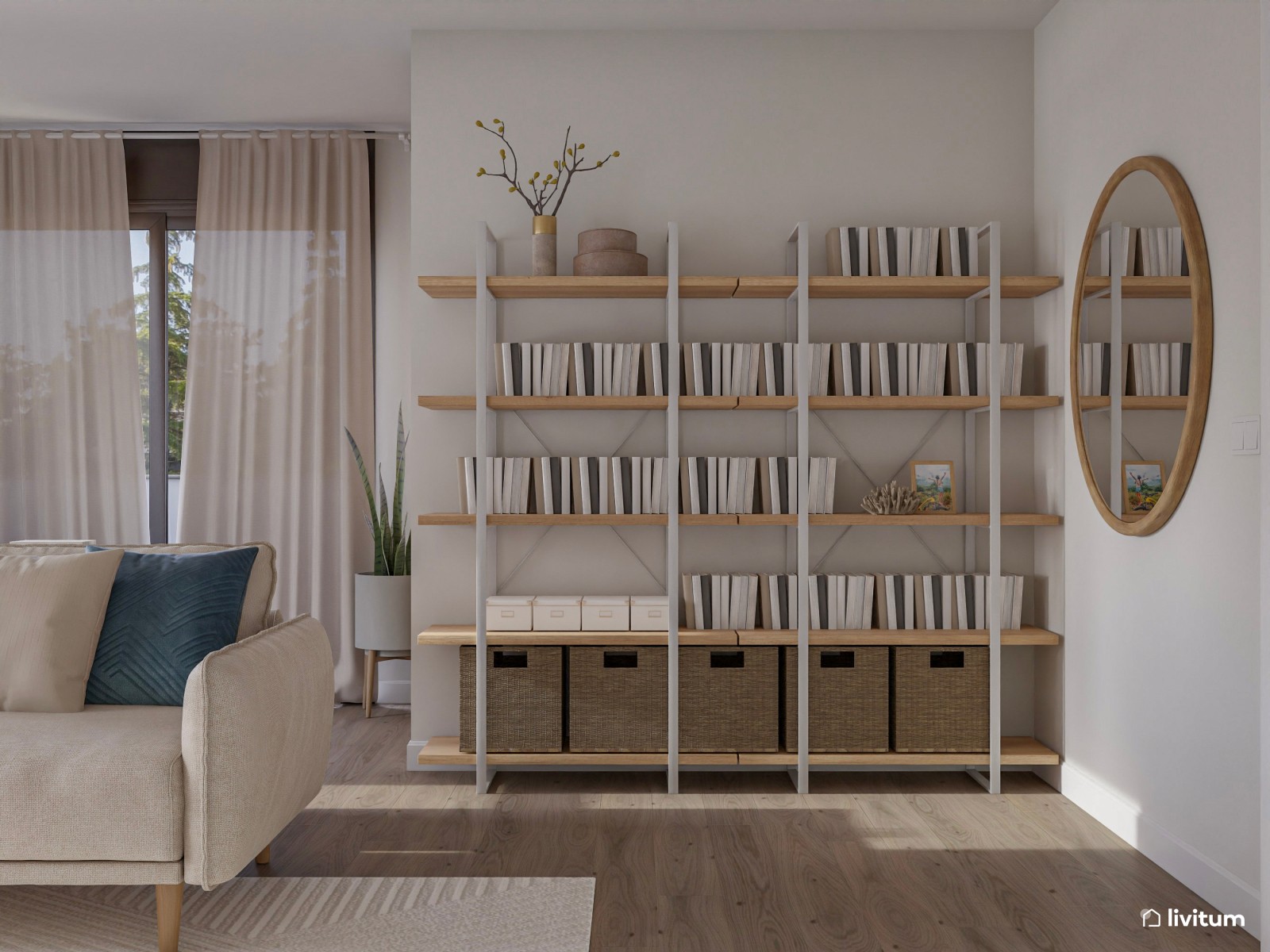 Salón con gran librería y zona de escritorio de estilo nórdico