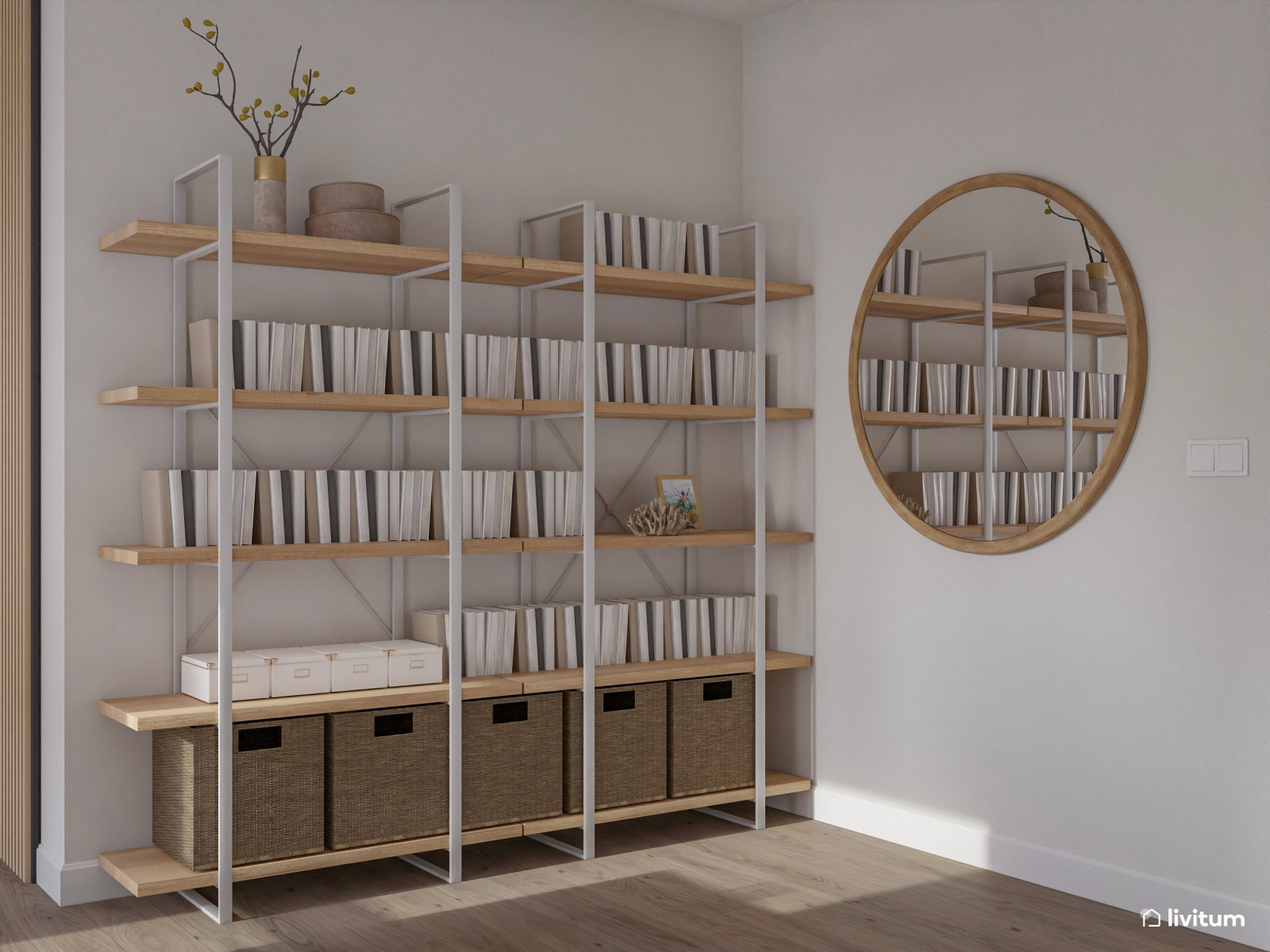 Salón con gran librería y zona de escritorio de estilo nórdico