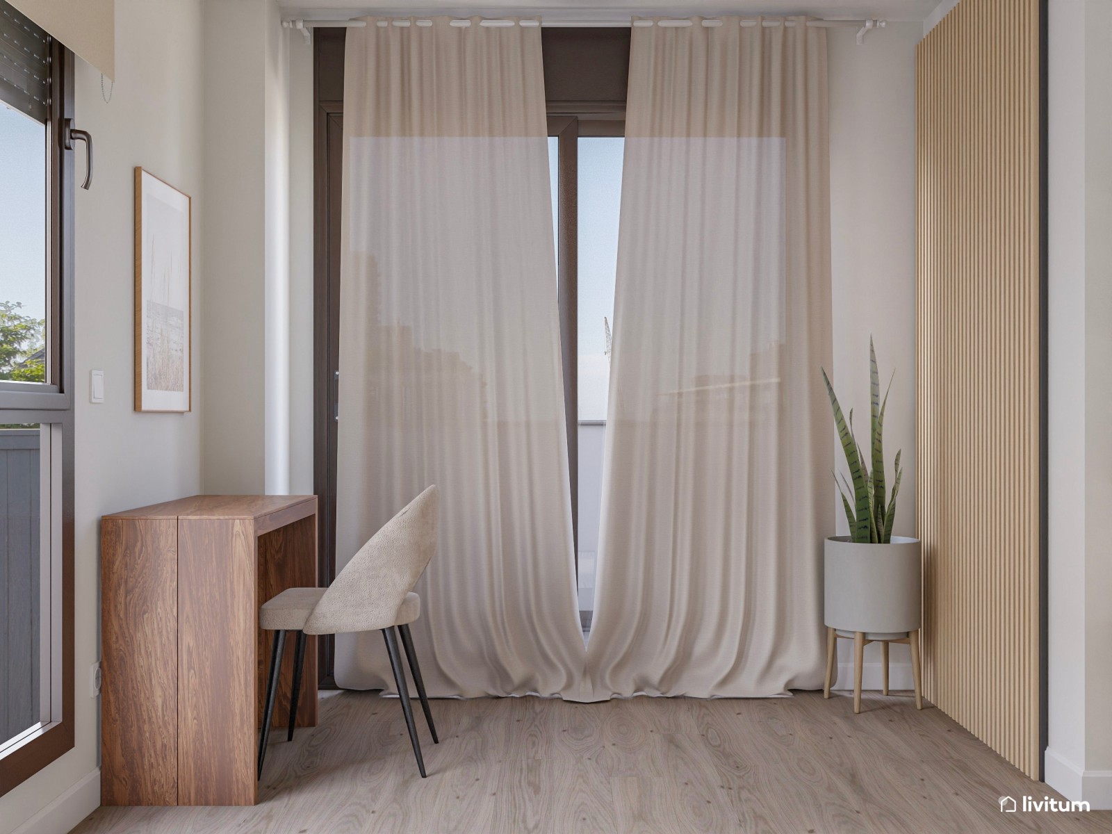 Salón con gran librería y zona de escritorio de estilo nórdico