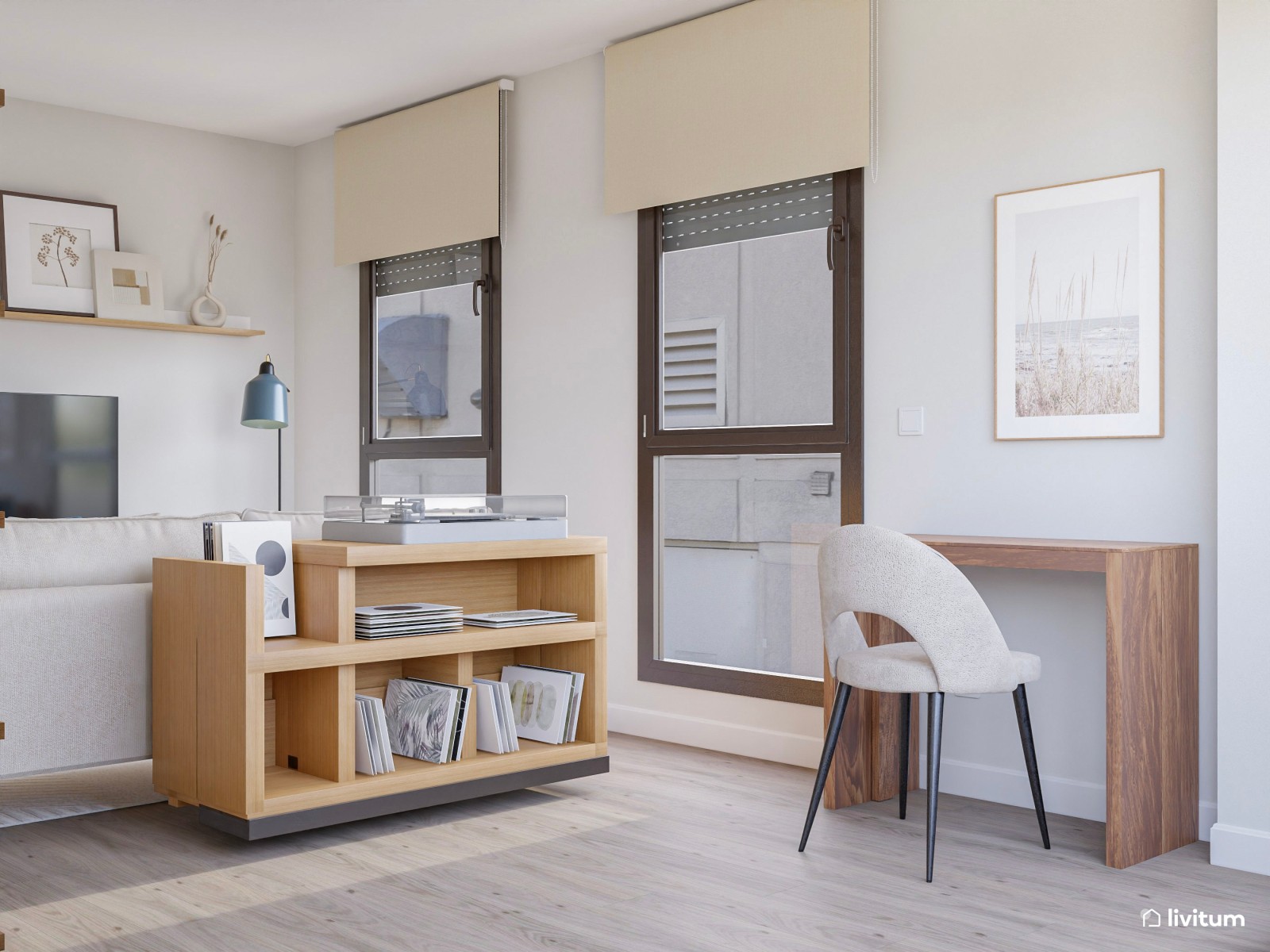 Salón con gran librería y zona de escritorio de estilo nórdico