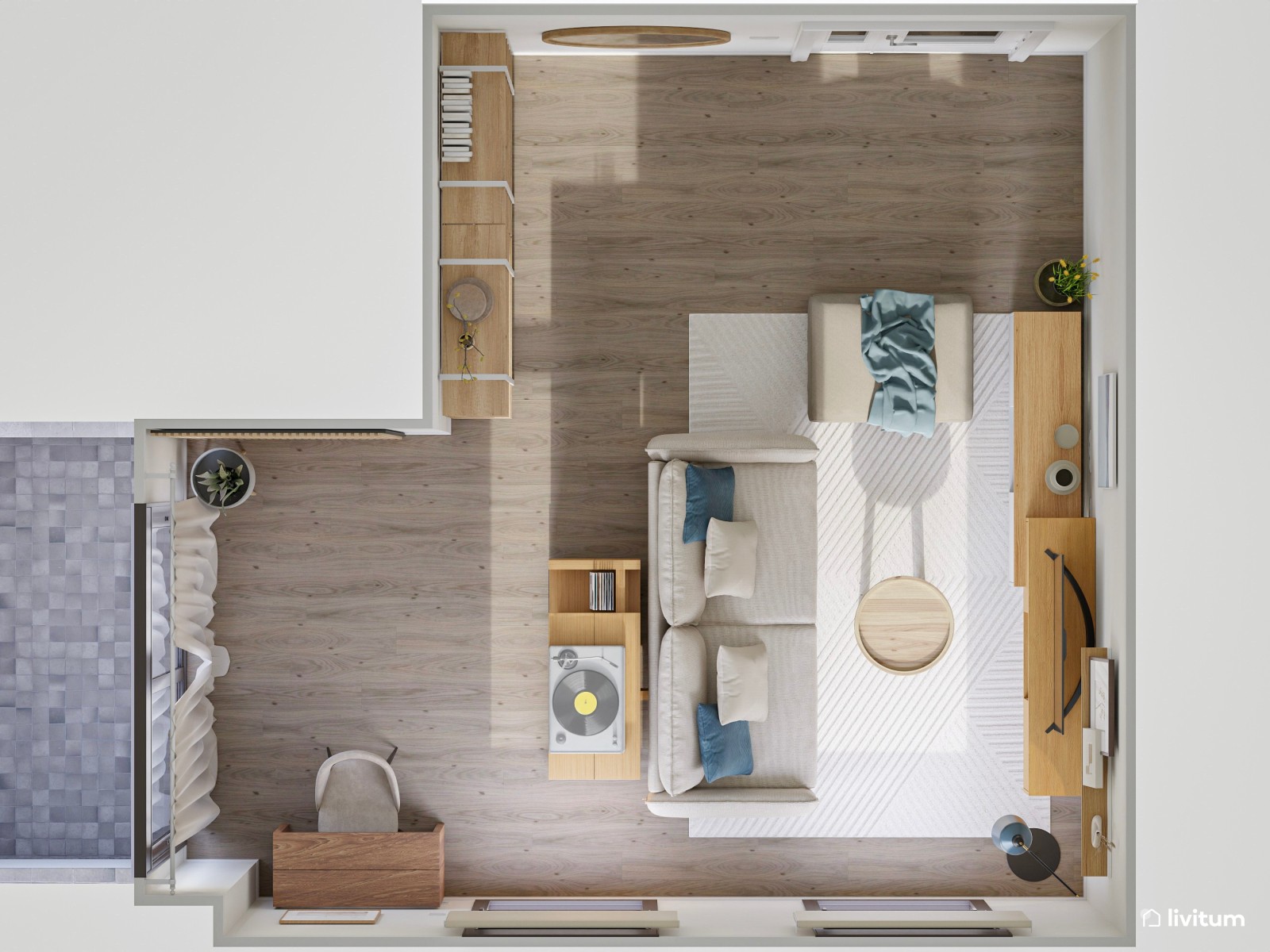 Salón con gran librería y zona de escritorio de estilo nórdico