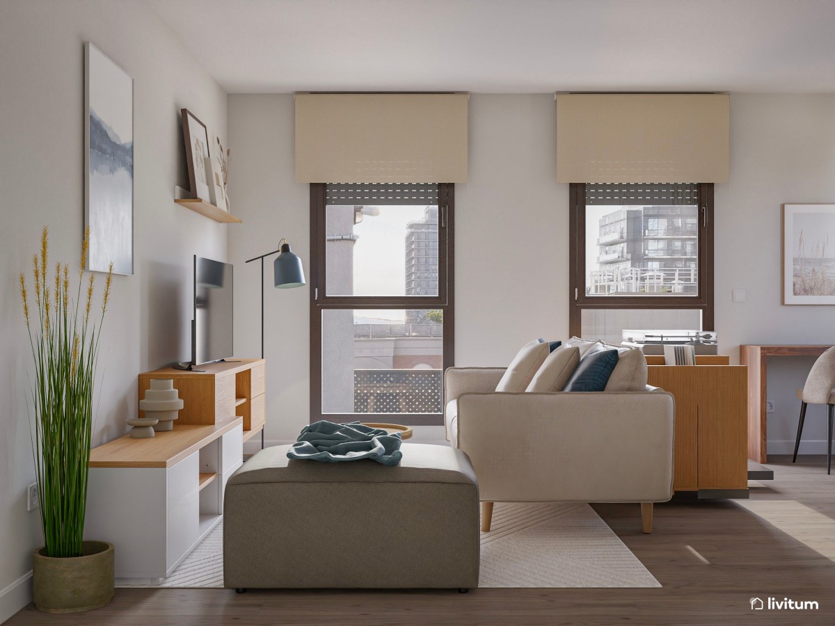 Salón con gran librería y zona de escritorio de estilo nórdico