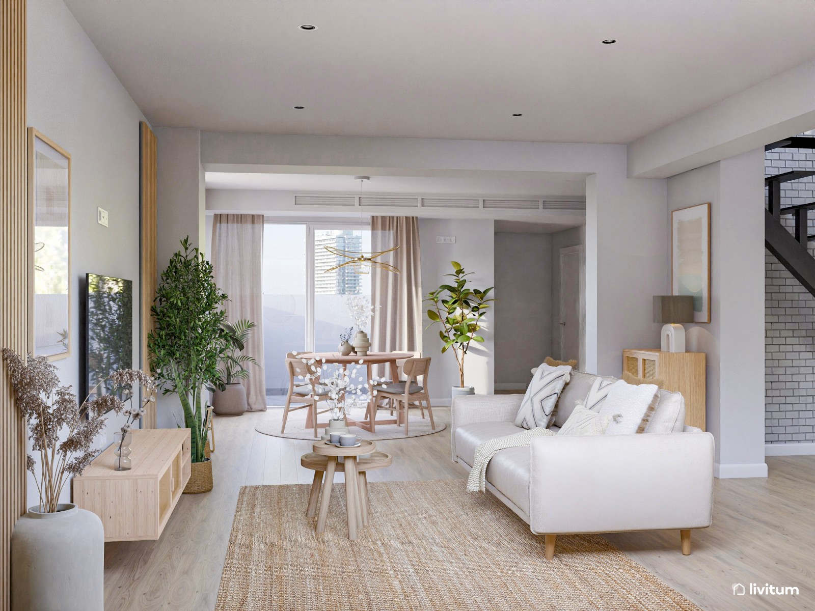 Salón con mucha claridad diseñado en madera y tonos suaves